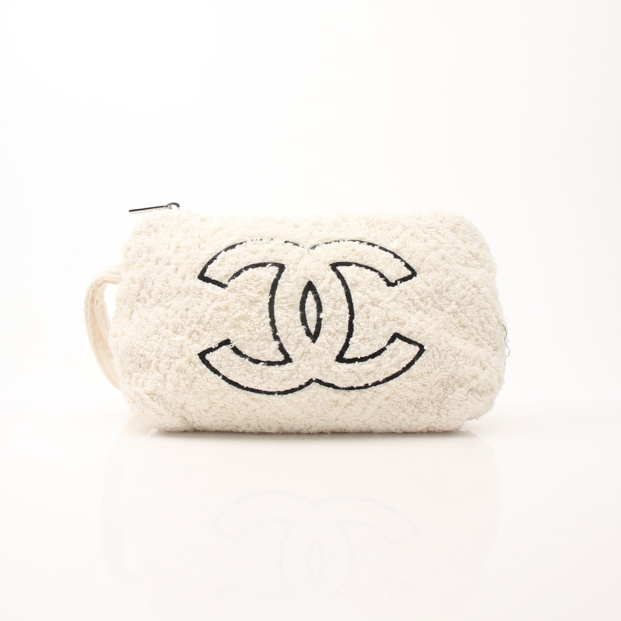 Gold & Beyond Chanel Terry Cloth CC Pochette handbag with gold accents and woven fabric, stylish and compact accessory.