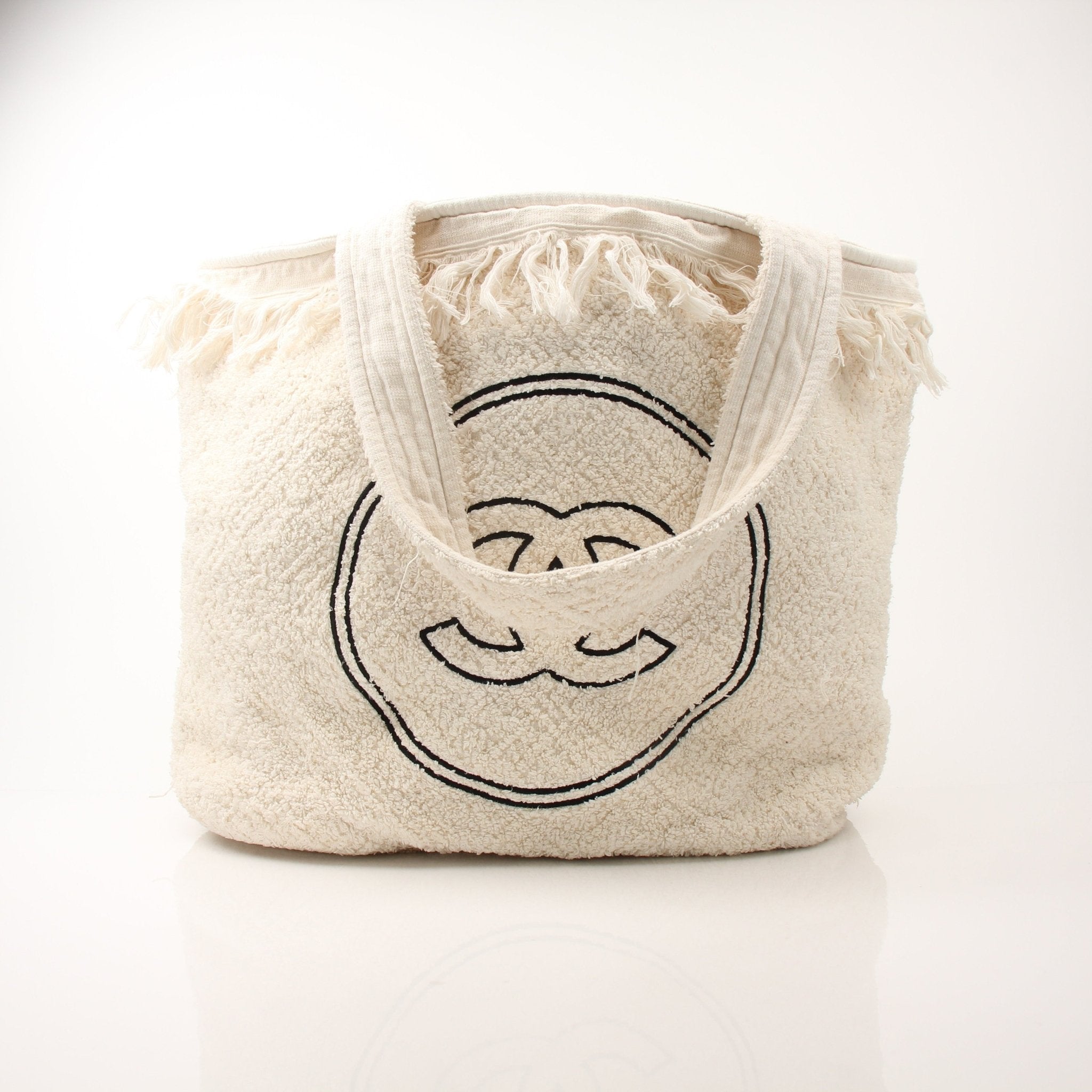 Gold & Beyond Chanel Terry Cloth CC Beach Tote handbag with beige handles and logo design, perfect for casual summer outings.