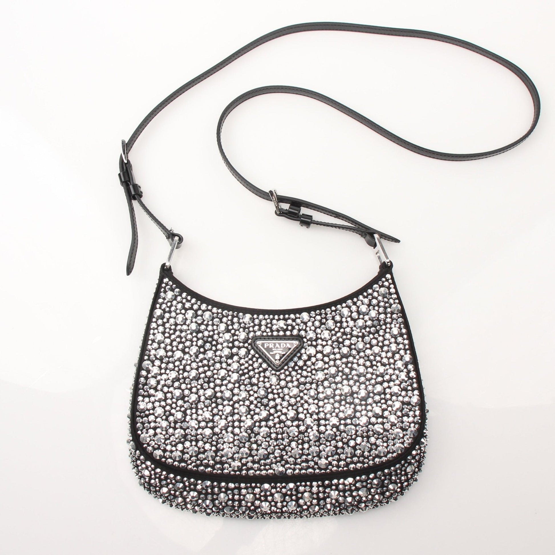 Gold & Beyond Prada Crystal Embellished Mini Cleo Shoulder Bag, elegant handbag with sparkling crystal details and a sleek design.
