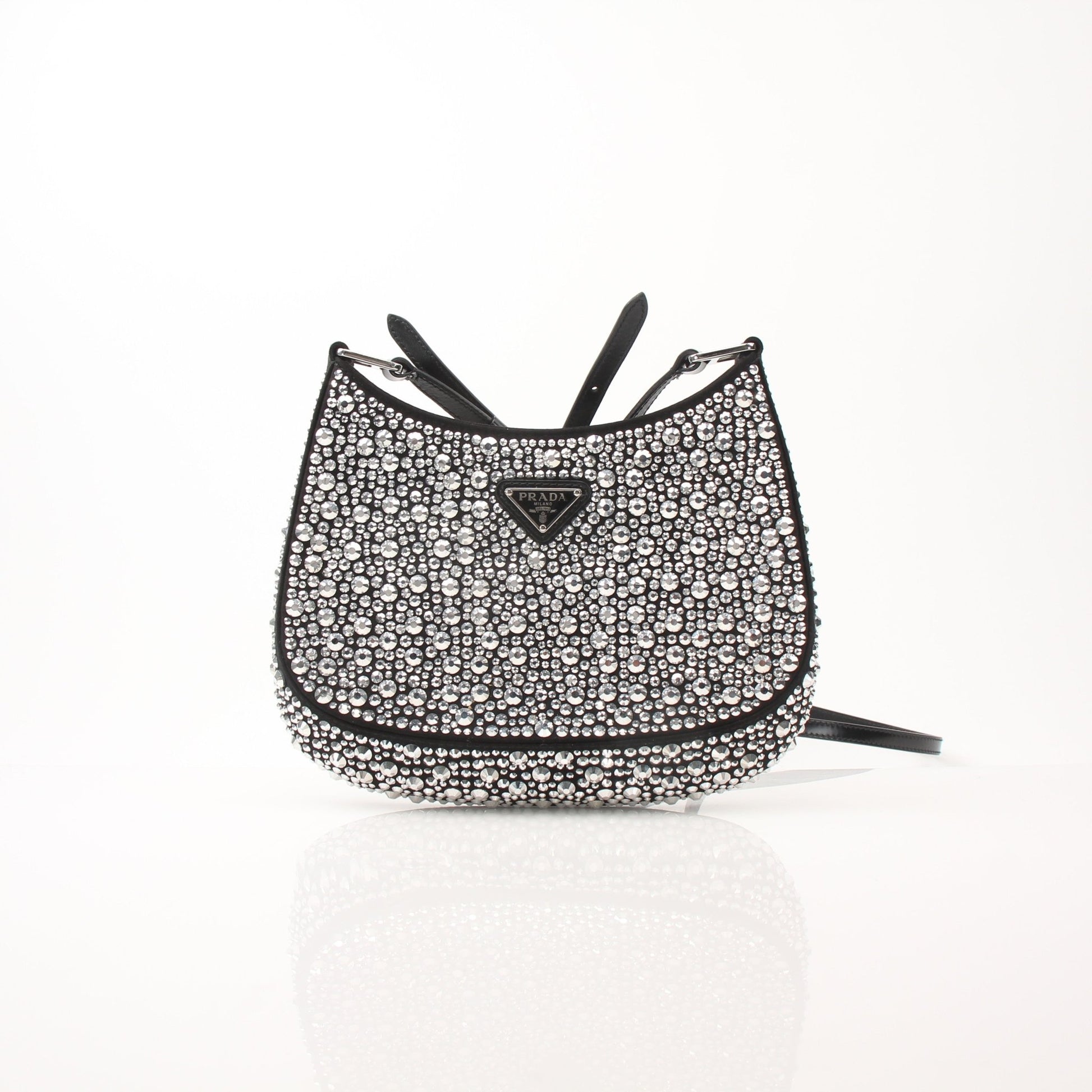 Gold & Beyond Prada Crystal Embellished Mini Cleo Shoulder Bag, a stylish handbag with sparkling crystal details and a sleek design.