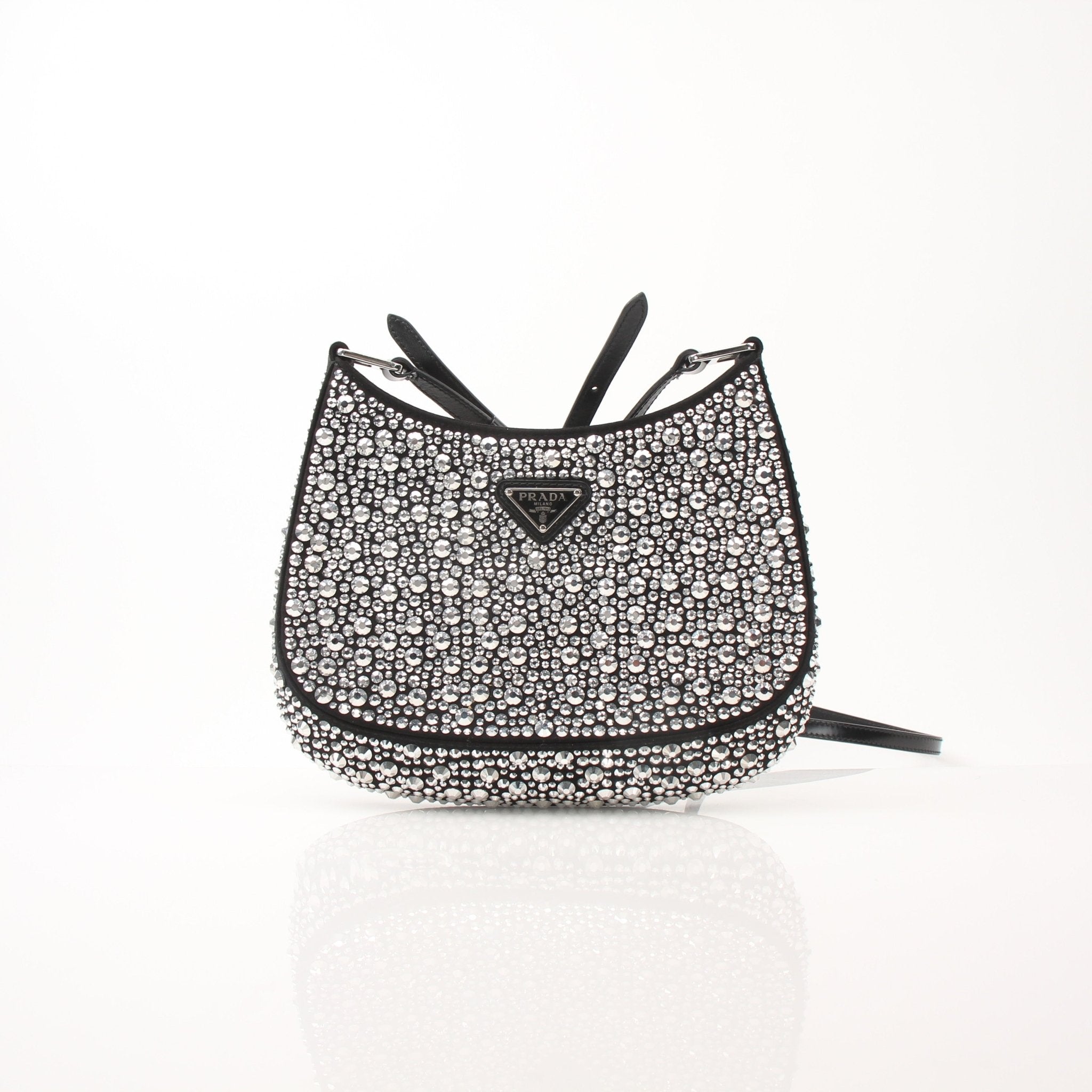 Gold & Beyond Prada Crystal Embellished Mini Cleo Shoulder Bag, a stylish handbag with sparkling crystal details and a sleek design.