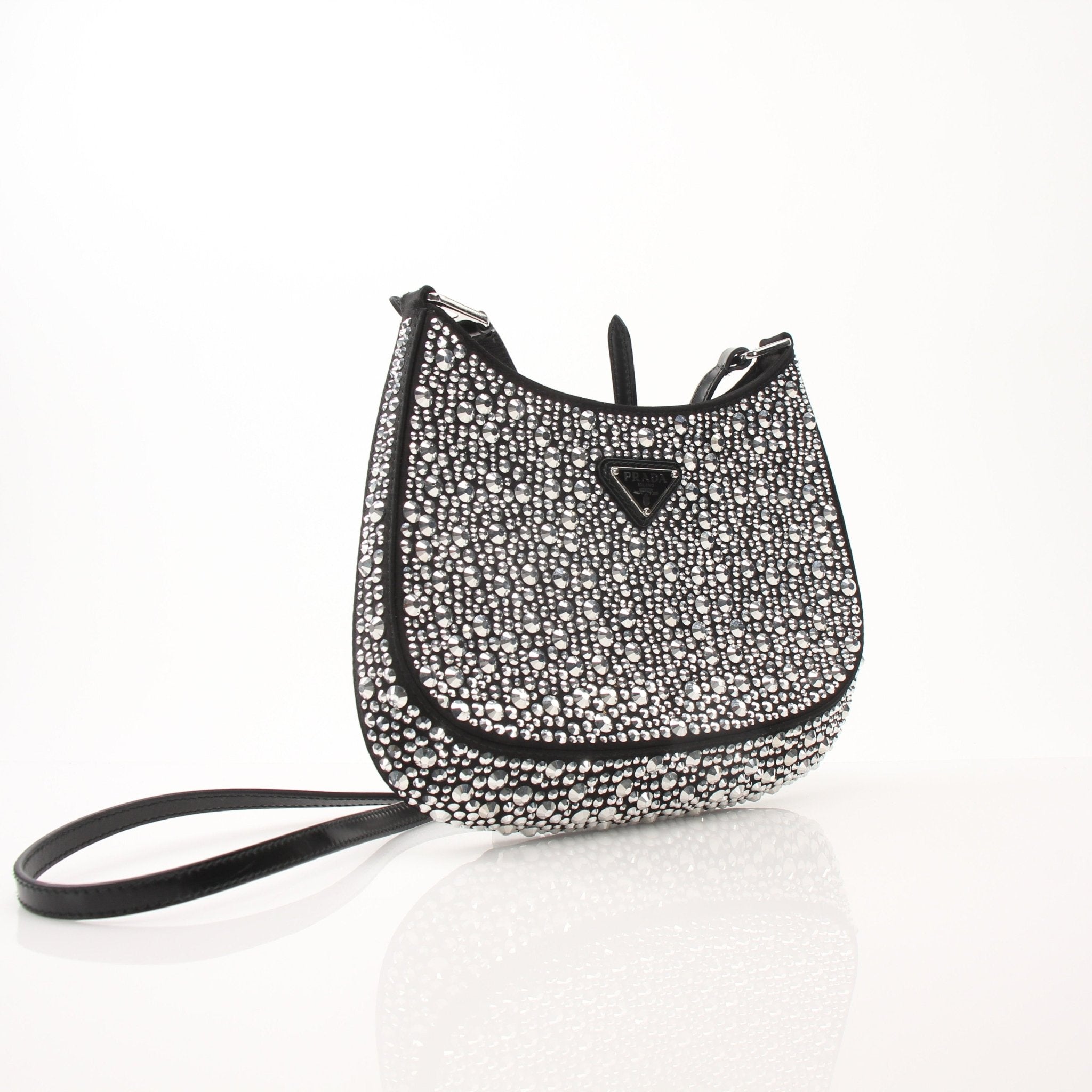 Prada Crystal Embellished Mini Cleo Shoulder Bag, elegant handbag with sparkling crystal details and gold hardware.