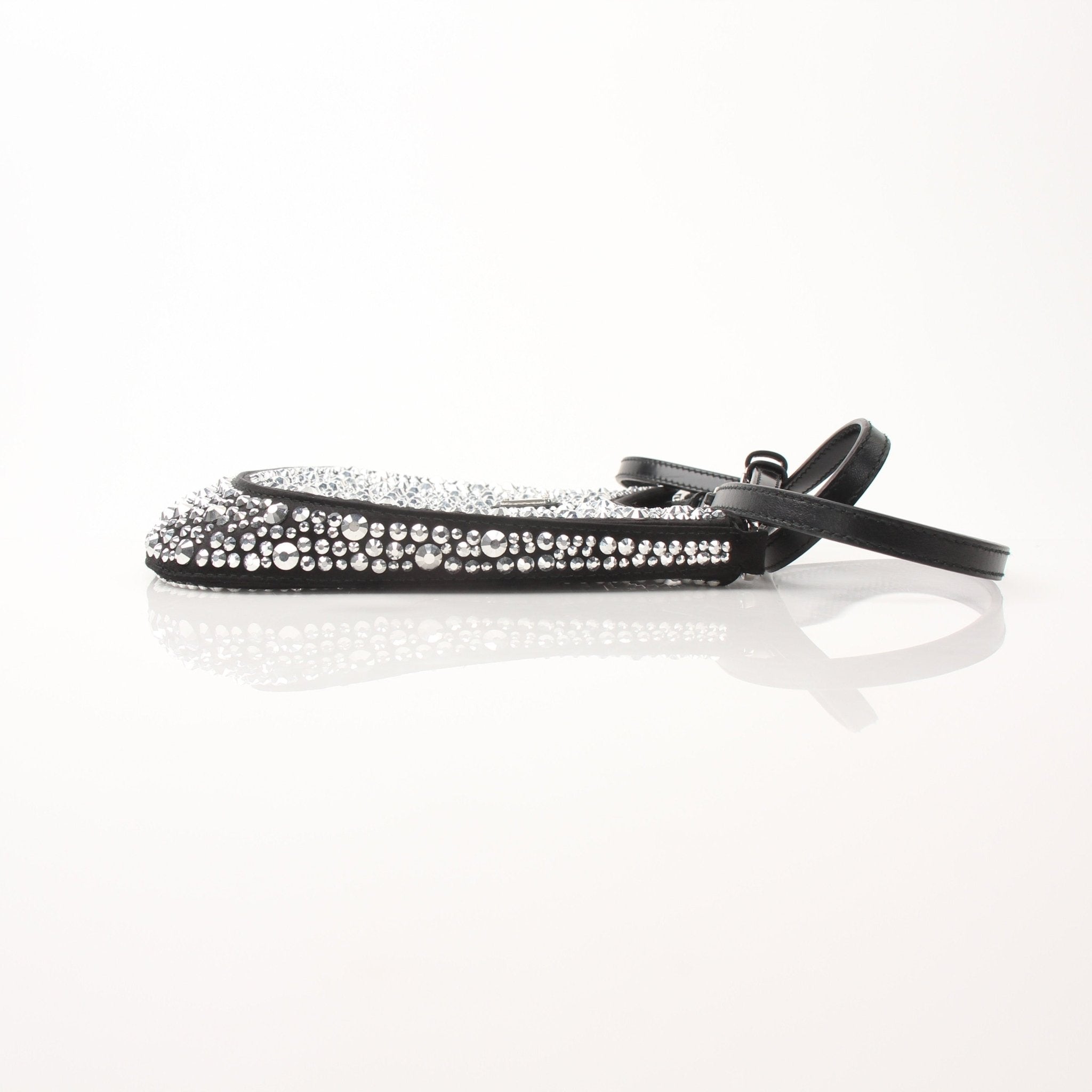 Prada Crystal Embellished Mini Cleo Shoulder Bag with gold hardware and sparkling crystal accents, stylish handbag for elegant occasions.