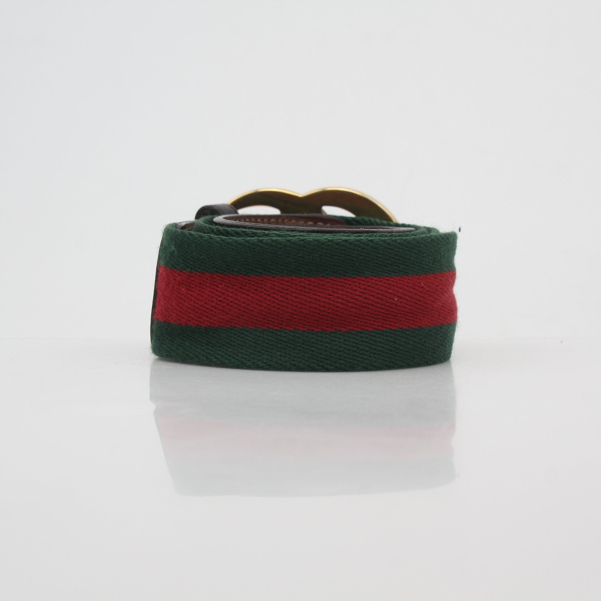 Gucci GG Marmont Web Belt with gold buckle, black and red striped fabric, stylish accessory for men and women.