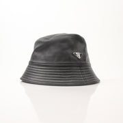 Prada black nappa leather bucket hat, luxury accessories, shown with a wide brim and smooth leather texture.