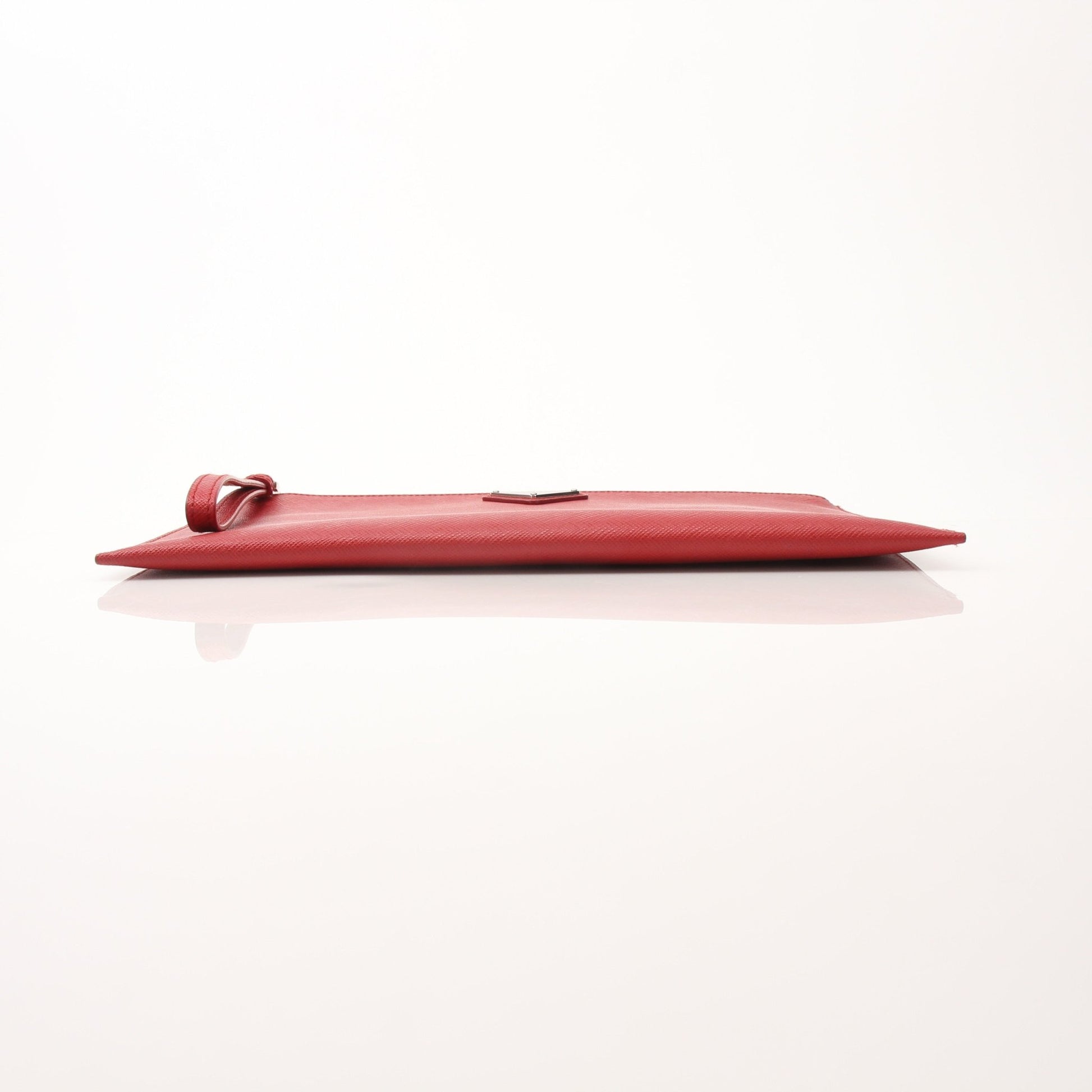 Prada red saffiano leather wristlet pouch with gold-tone hardware, compact handbag perfect for essentials.