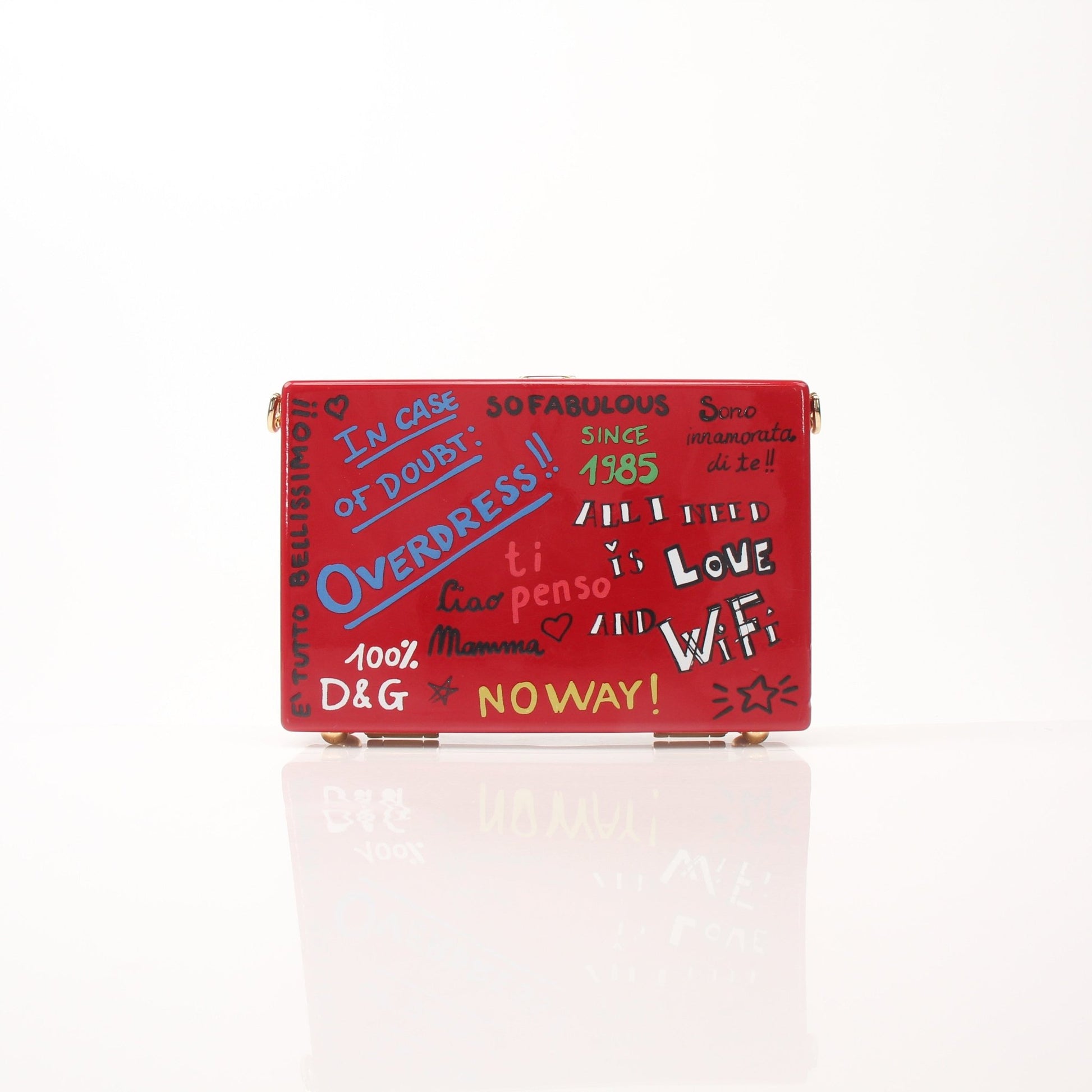 Gold & Beyond red graffiti box clutch handbag with bold design and structured shape, perfect for stylish evening accessories.