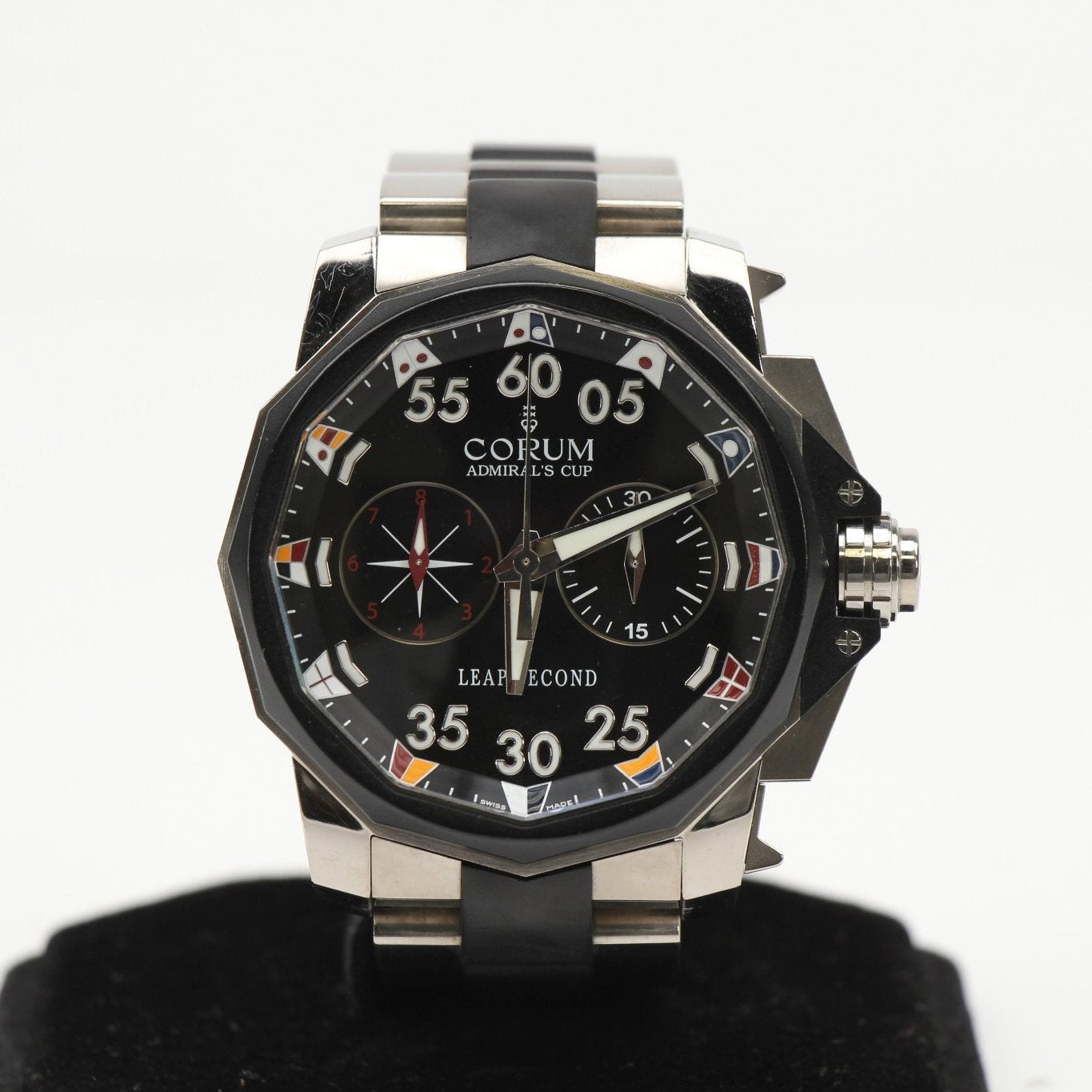 Corum Admiral’s Cup Chronograph watch with a stainless steel case, black dial, and multiple sub-dials, on a metal bracelet.