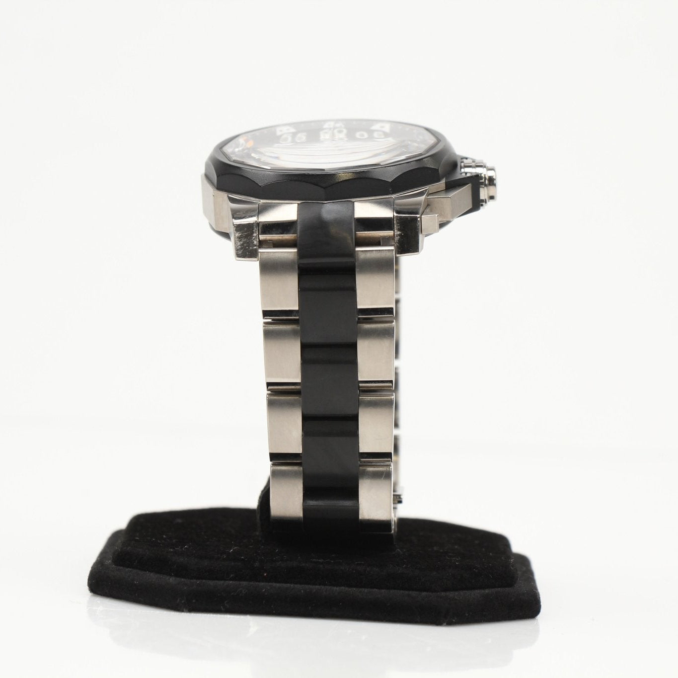 Corum Admiral’s Cup chronograph watch with stainless steel case, black dial, and sporty design, by Gold & Beyond.