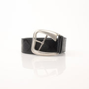 Black Prada Saffiano leather belt with gold buckle, stylish accessory featuring textured leather and sleek design.