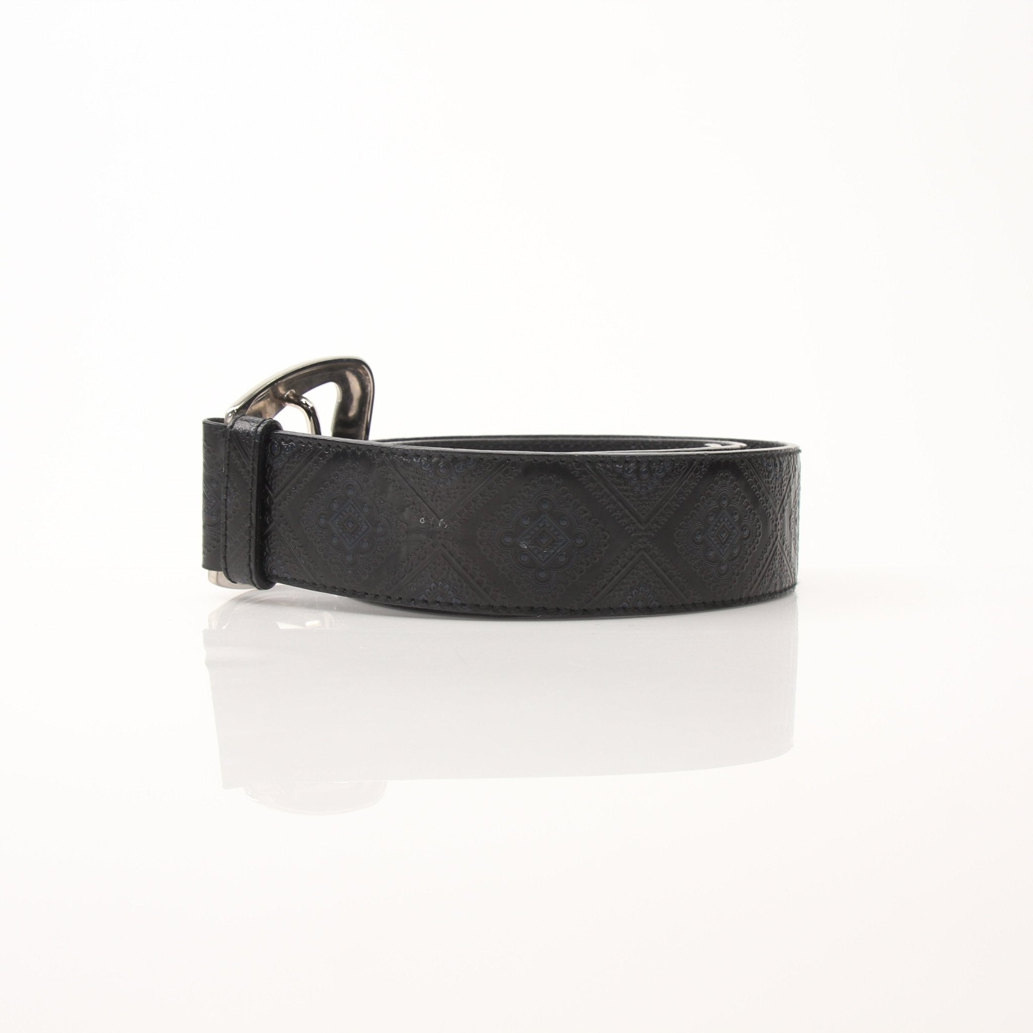 Black Prada Saffiano leather belt with gold-tone buckle, stylish accessories for women, by Gold & Beyond.