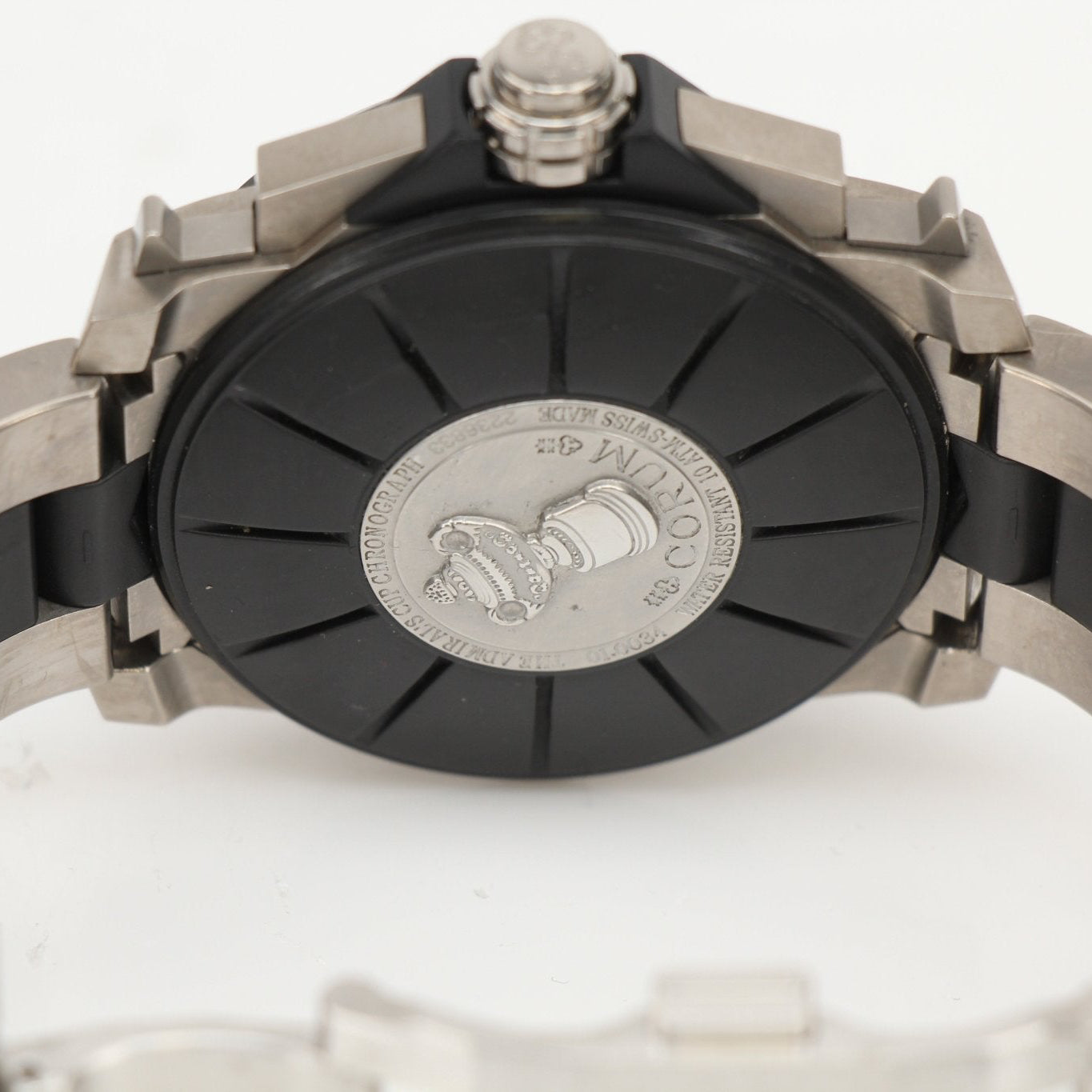 Gold & Beyond Corum Admiral’s Cup Chronograph watch with stainless steel case, black dial, and chronograph subdials.