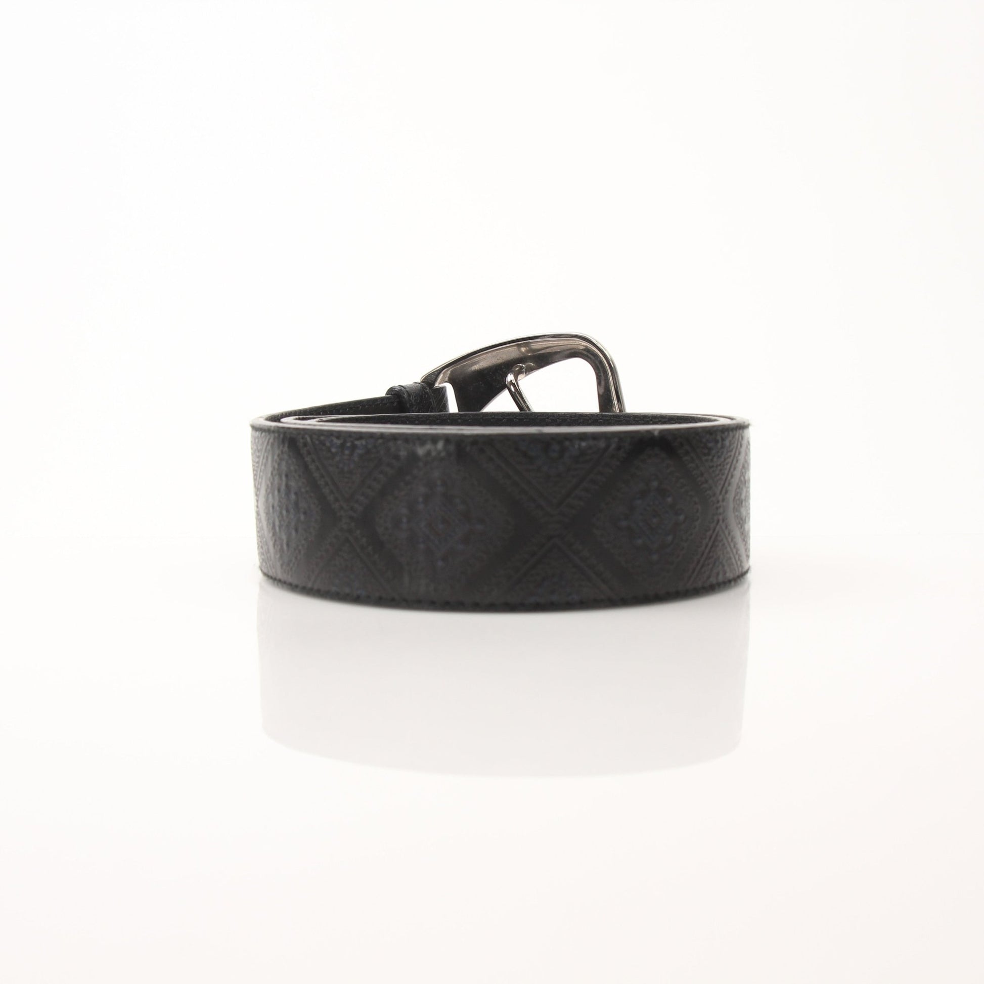 Black Prada Saffiano leather belt with gold-tone buckle, showcasing classic designer accessories style.