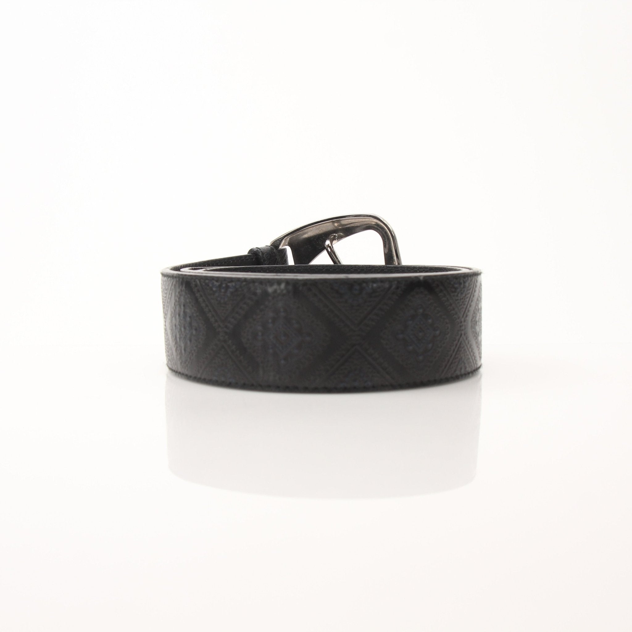 Black Prada Saffiano leather belt with gold-tone buckle, showcasing classic designer accessories style.