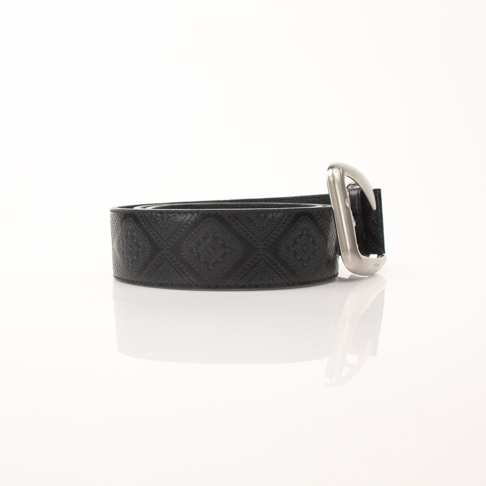 Black Prada Saffiano leather belt with gold-tone buckle, displayed on a neutral background.