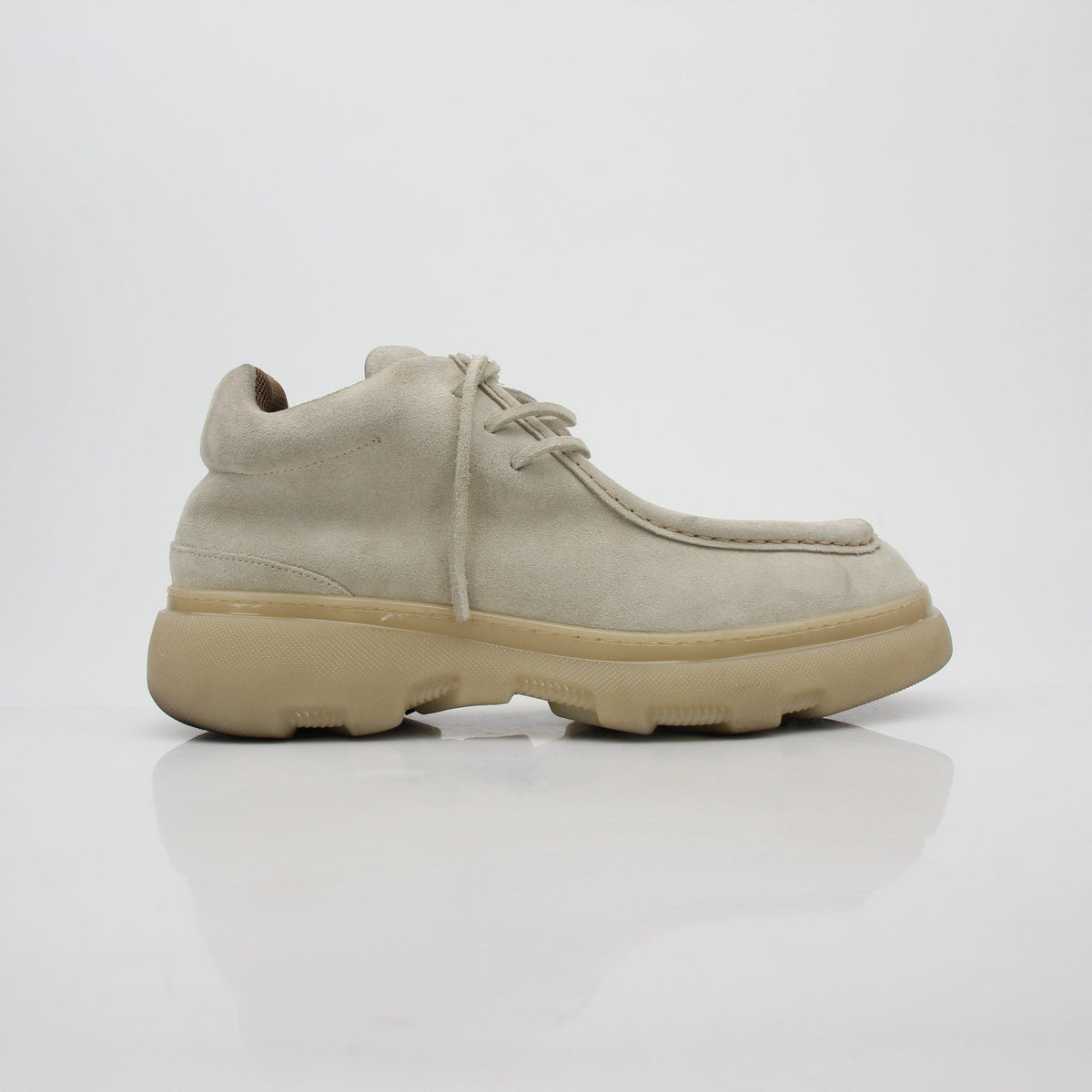 Gold & Beyond beige suede Burberry creeper mid boots, stylish shoes with thick soles and lace-up design.