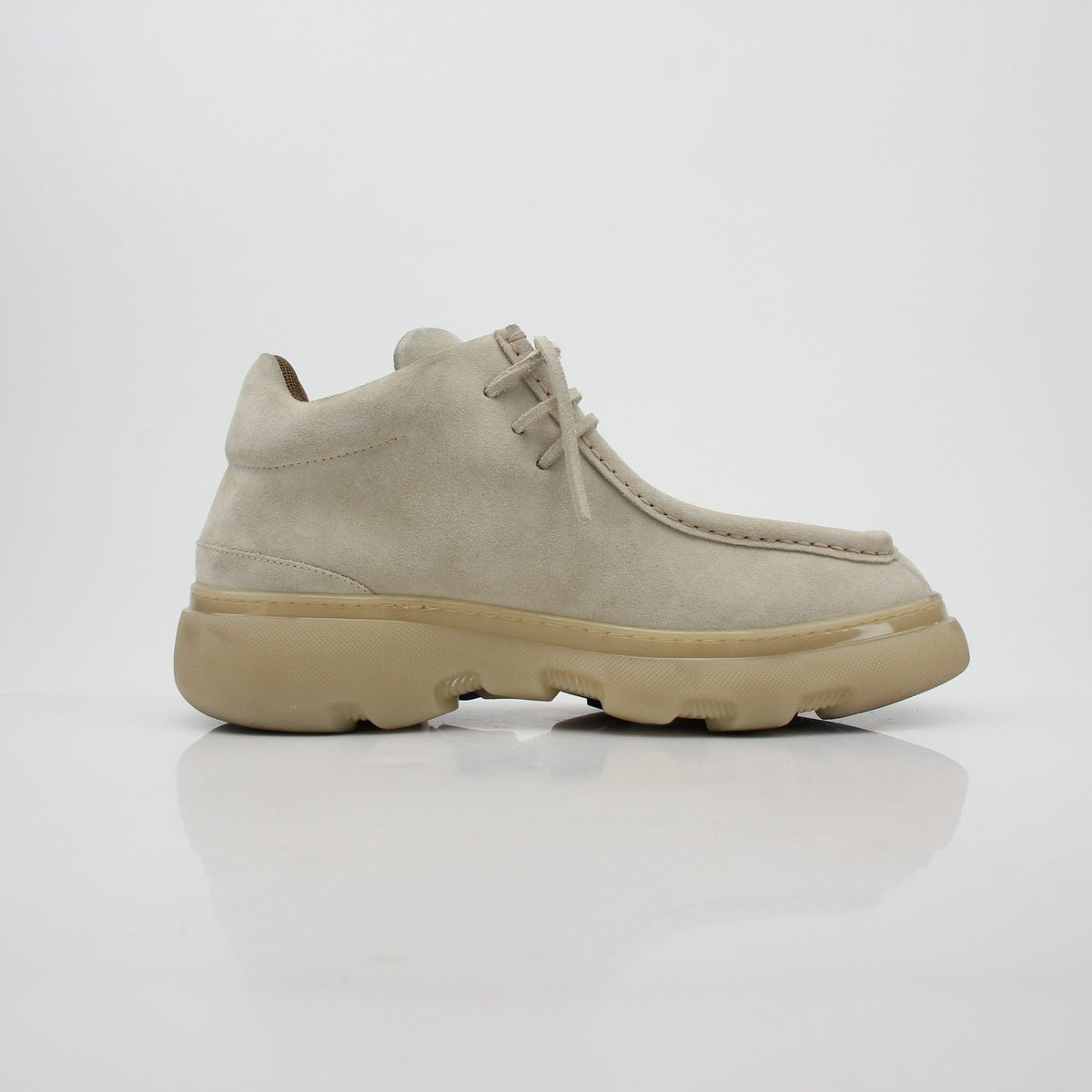 Beige suede Burberry creeper mid boots by Gold & Beyond, featuring stylish design and sturdy sole.