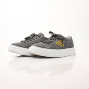 Prada gray Re-Nylon gabardine platform sneakers with white soles, designed for stylish comfort and modern appeal.