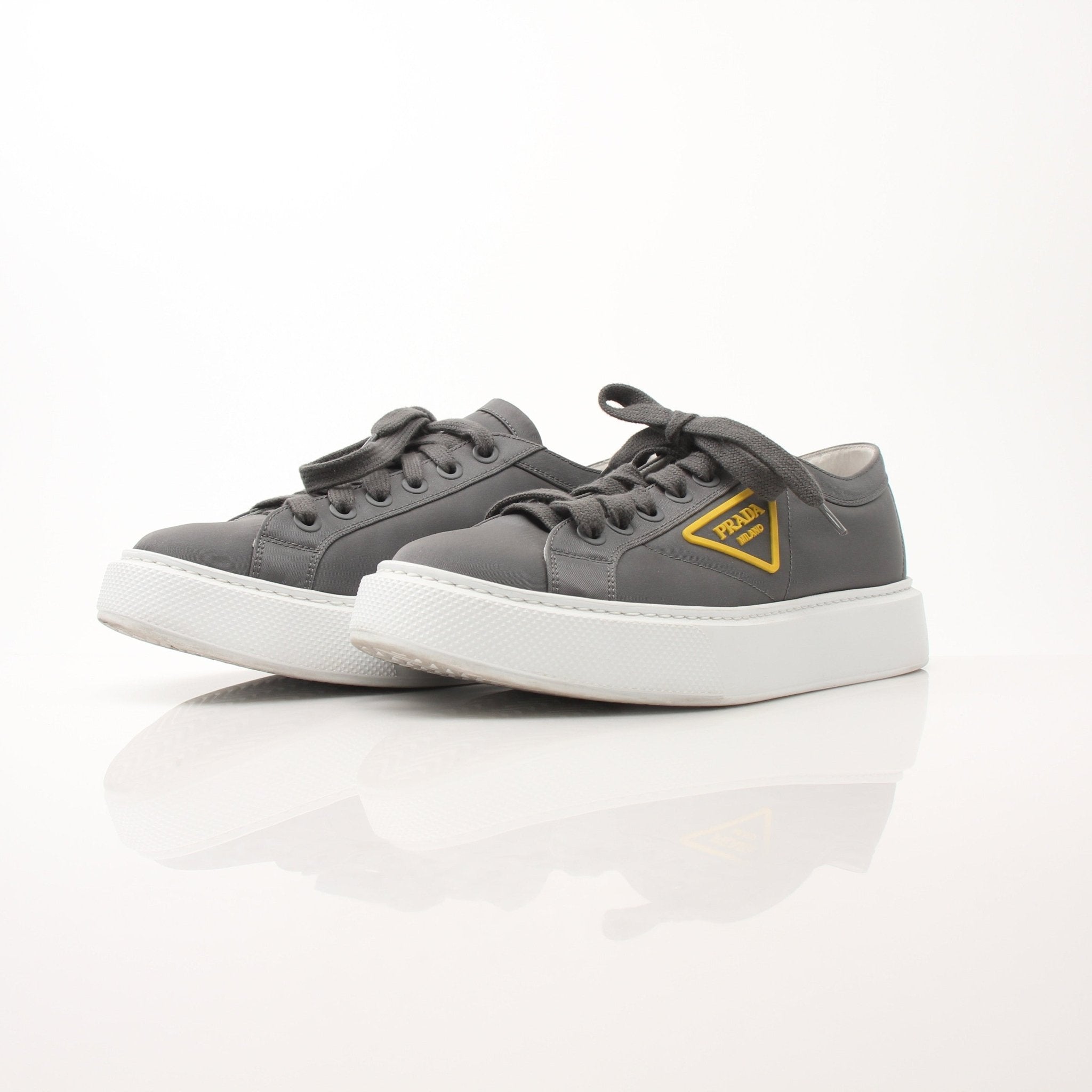 Prada gray Re-Nylon gabardine platform sneakers with white soles, designed for stylish comfort and modern appeal.