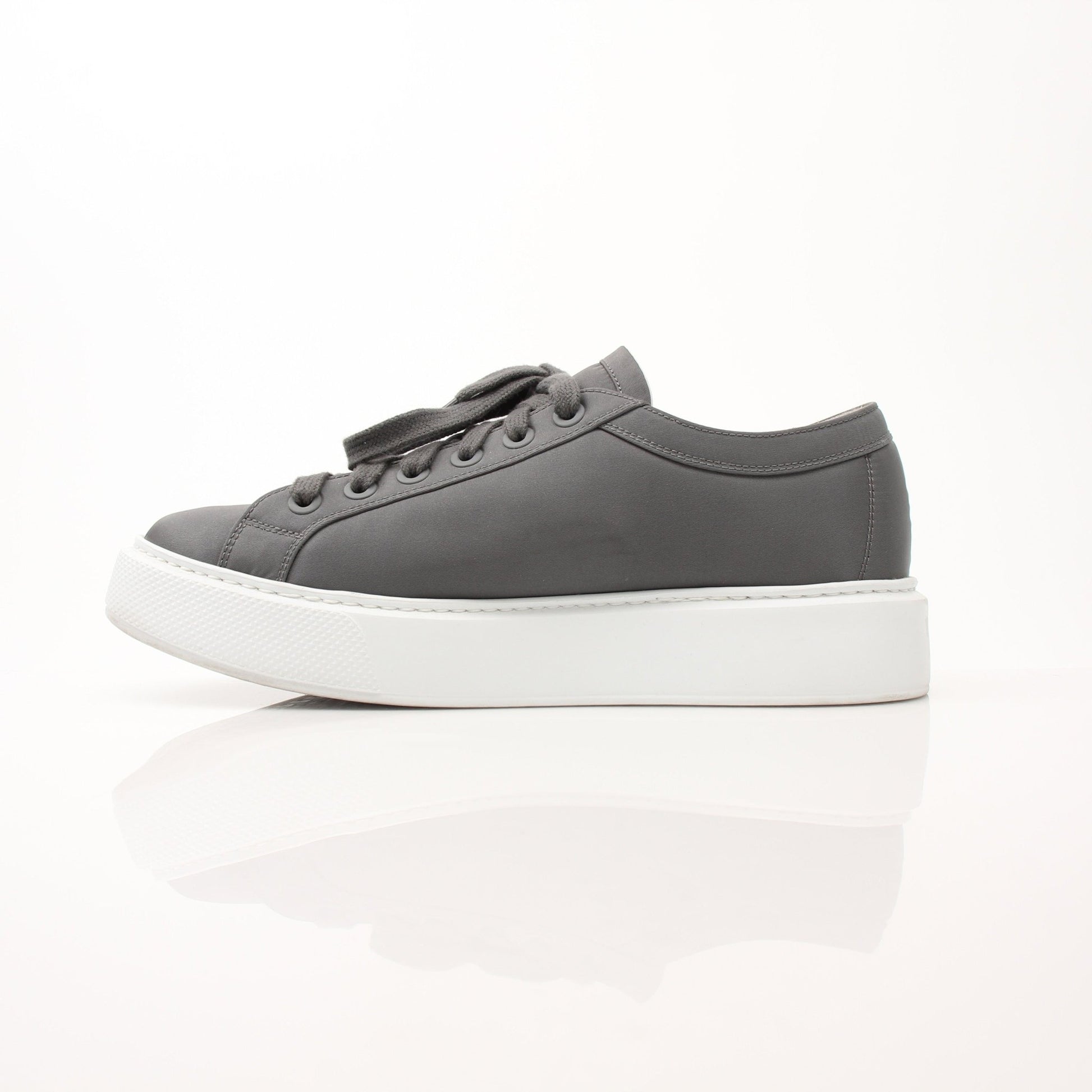 Prada gray Re-Nylon gabardine platform sneakers featuring sleek design and rubber soles, displayed on a plain background.