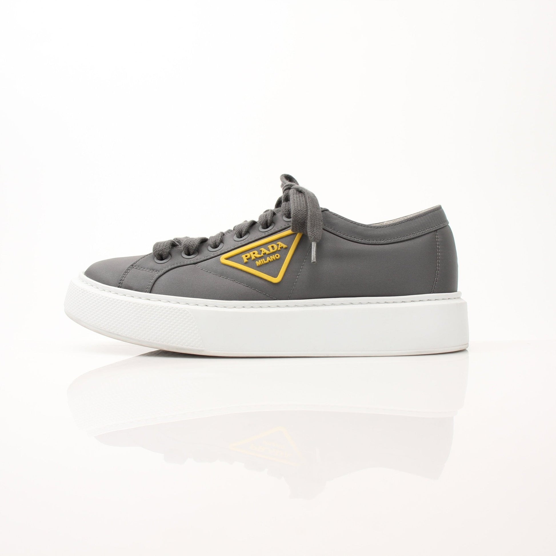 Prada gray Re-Nylon gabardine platform sneakers, stylish shoes with chunky soles and sleek design, by Gold & Beyond.