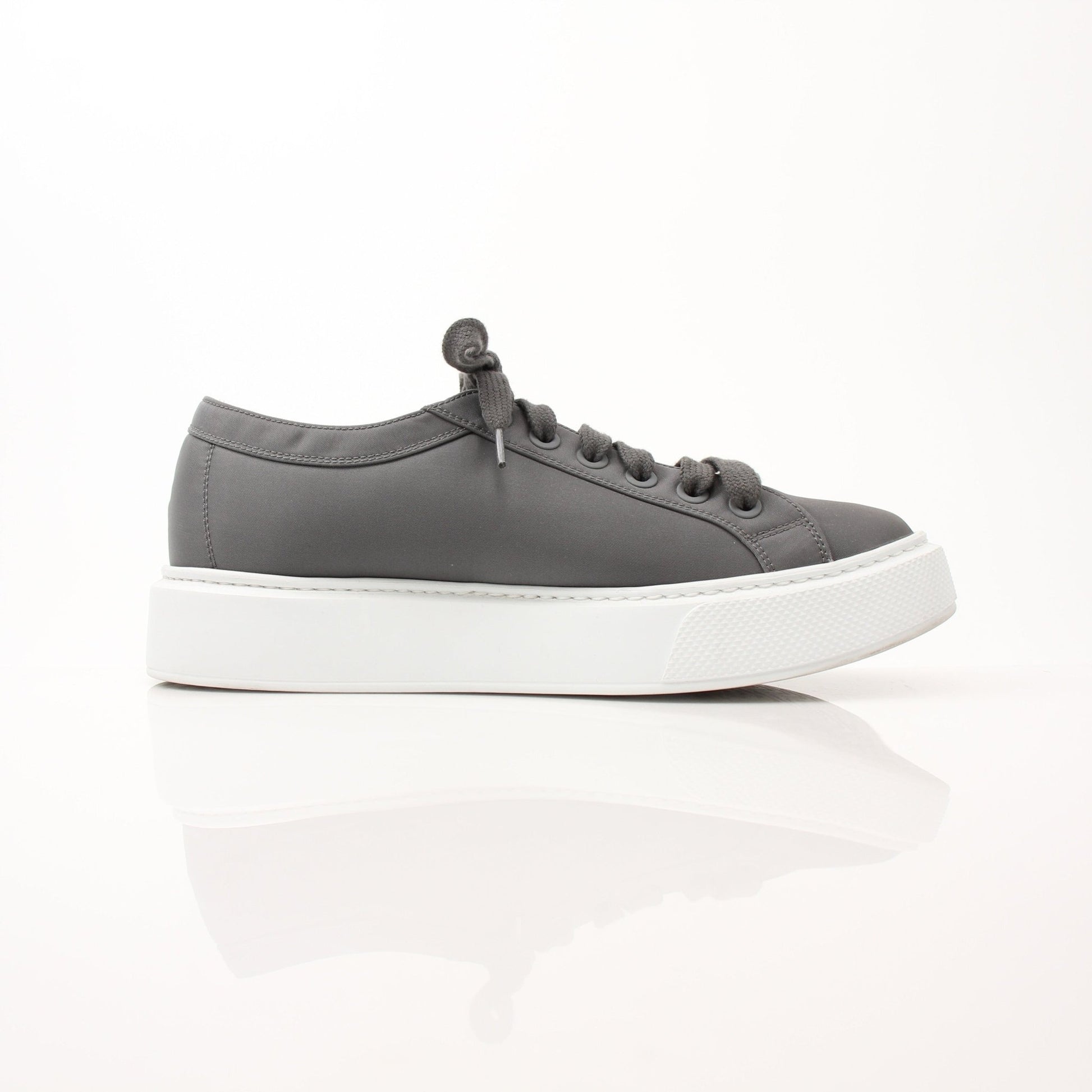 Prada gray Re-Nylon gabardine platform sneakers with white soles and laces, stylish shoes from Gold & Beyond.