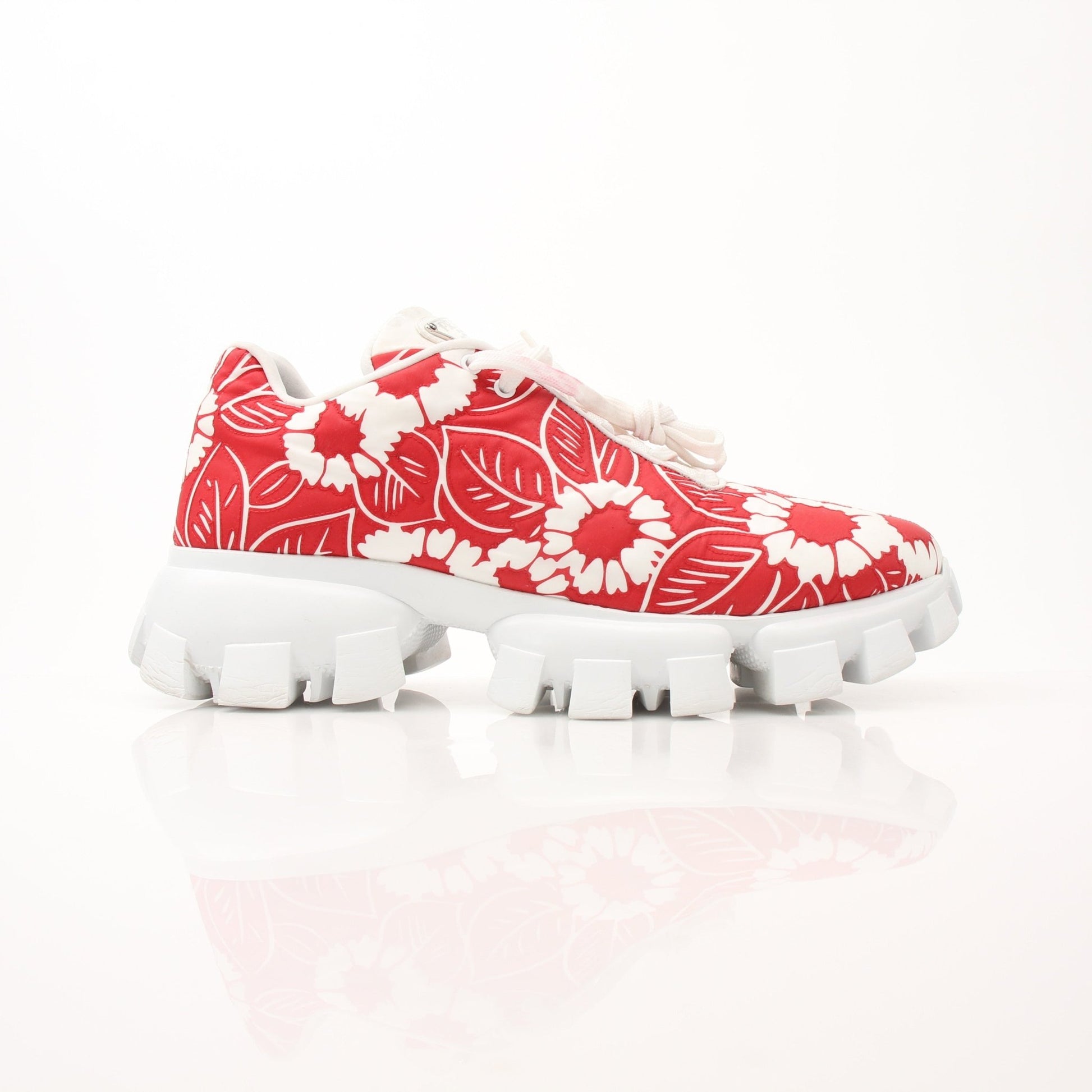Gold & Beyond Prada Floral Monolith Lug Sole Sneakers size 41, showing stylish sneakers with floral design and chunky lug sole.
