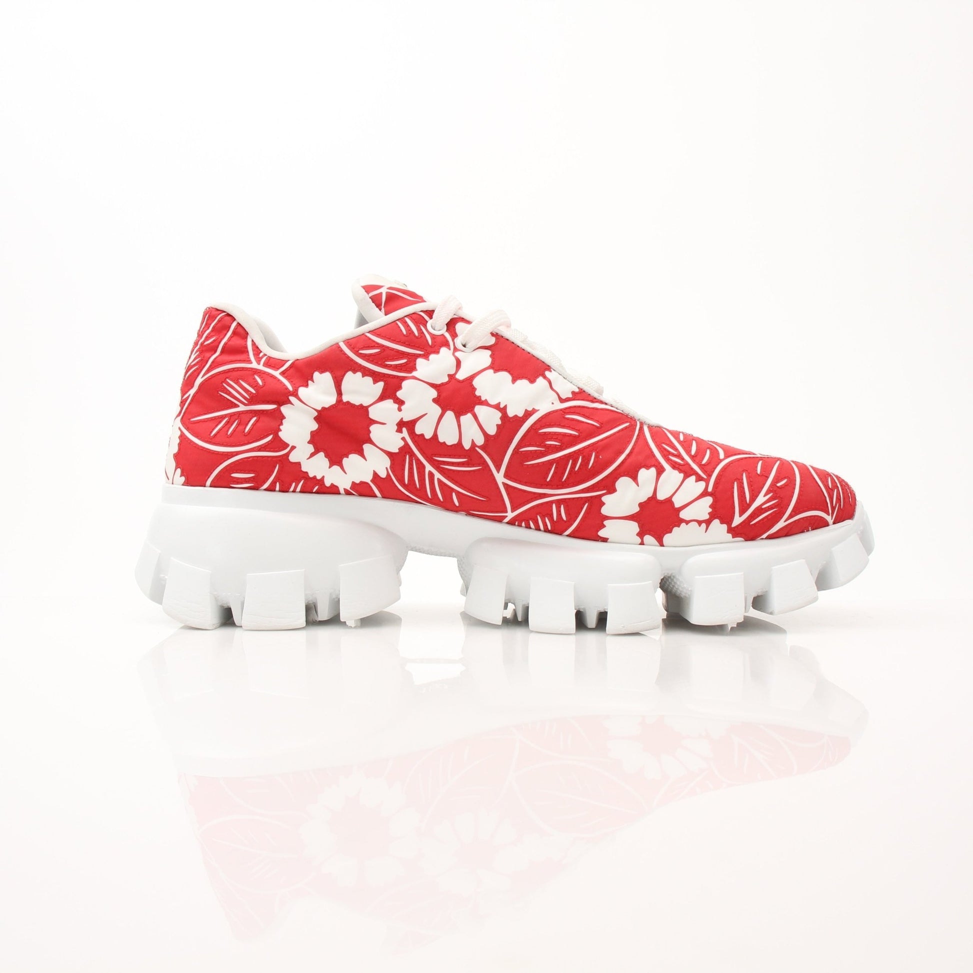 Prada Floral Monolith Lug Sole Sneakers in size 41, featuring colorful floral design and chunky lug sole, displayed on a white background.