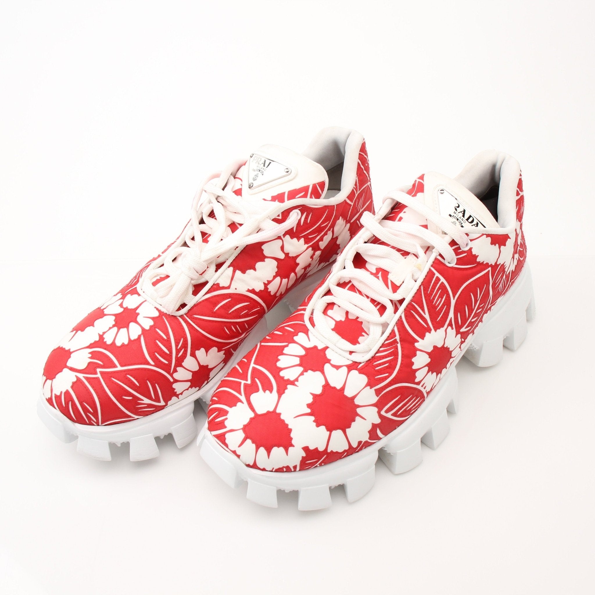 Prada Floral Monolith Lug Sole Sneakers in size 41, featuring a colorful floral design on stylish shoes by Gold & Beyond.