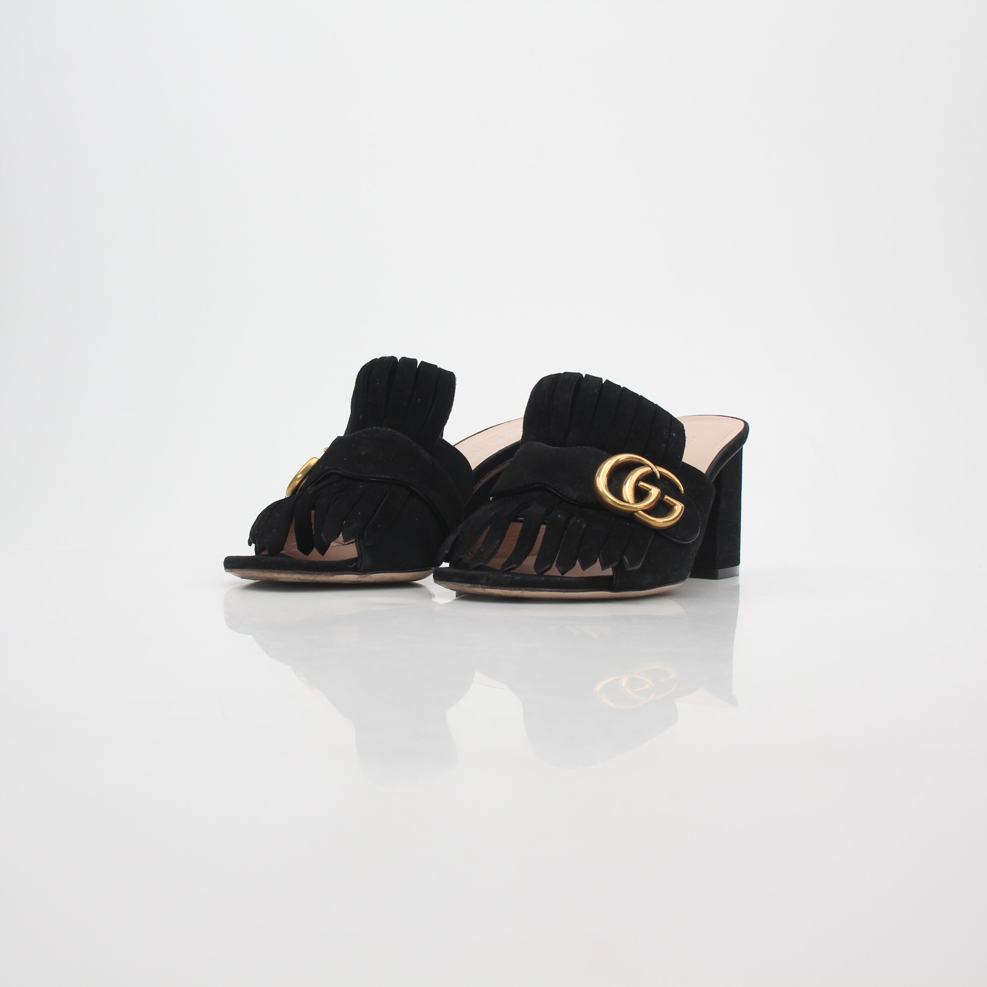 Gucci Black GG Marmont Fringe Slide Sandals