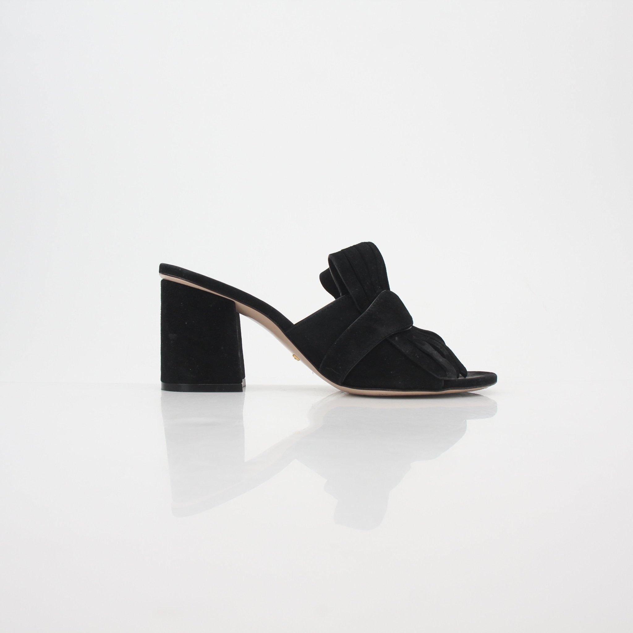 Gucci Black GG Marmont Fringe Slide Sandals with gold logo details, featuring edgy fringe design and comfortable slide style.