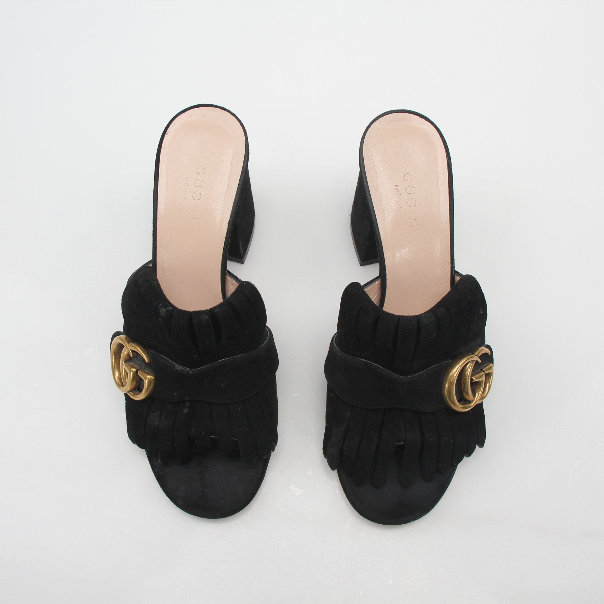 Gucci Black GG Marmont Fringe Slide Sandals with gold-tone hardware and fringe details, stylish open-toe shoes for women