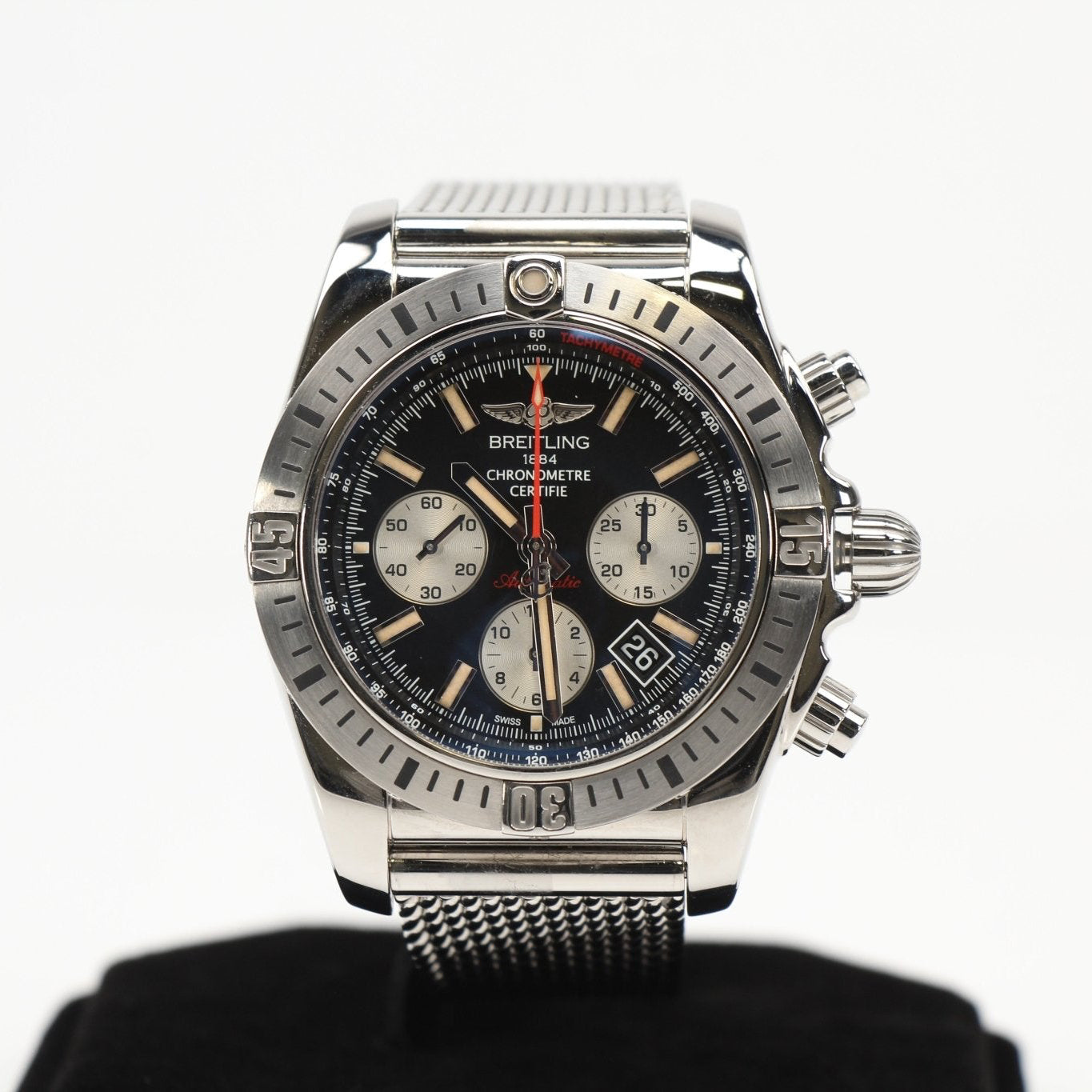 Gold & Beyond Breitling Super Avenger Chronograph watch with black dial, stainless steel case, and chronograph subdials.