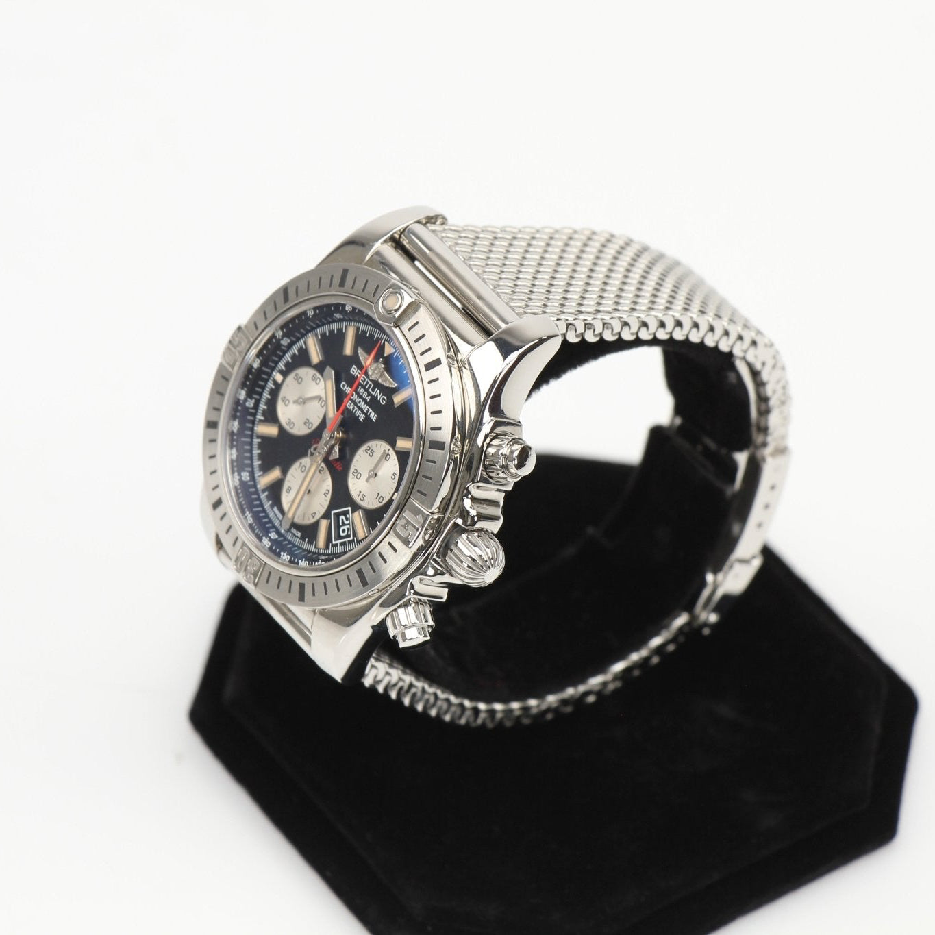 Gold & Beyond Breitling Super Avenger Chronograph watch with black dial, stainless steel case, and chronograph subdials.