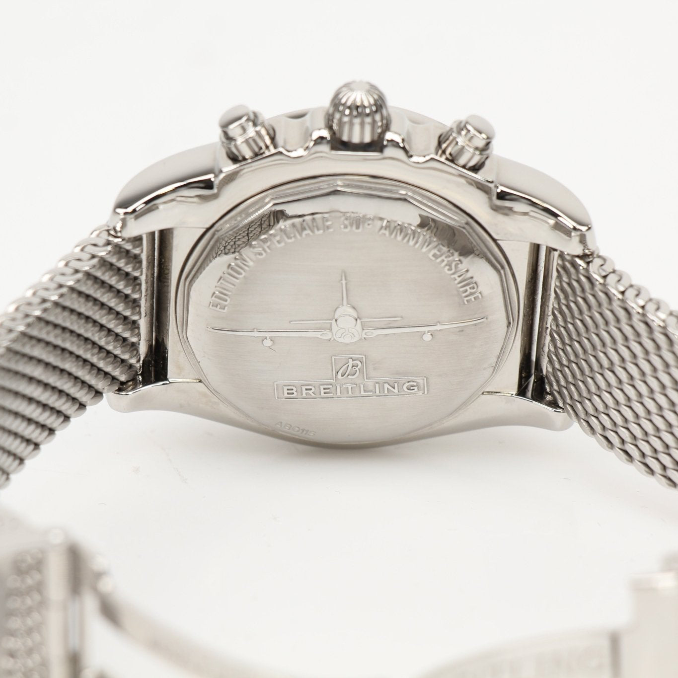 Gold & Beyond Breitling Super Avenger Chronograph watch with black dial, stainless steel bracelet, and chronograph features.