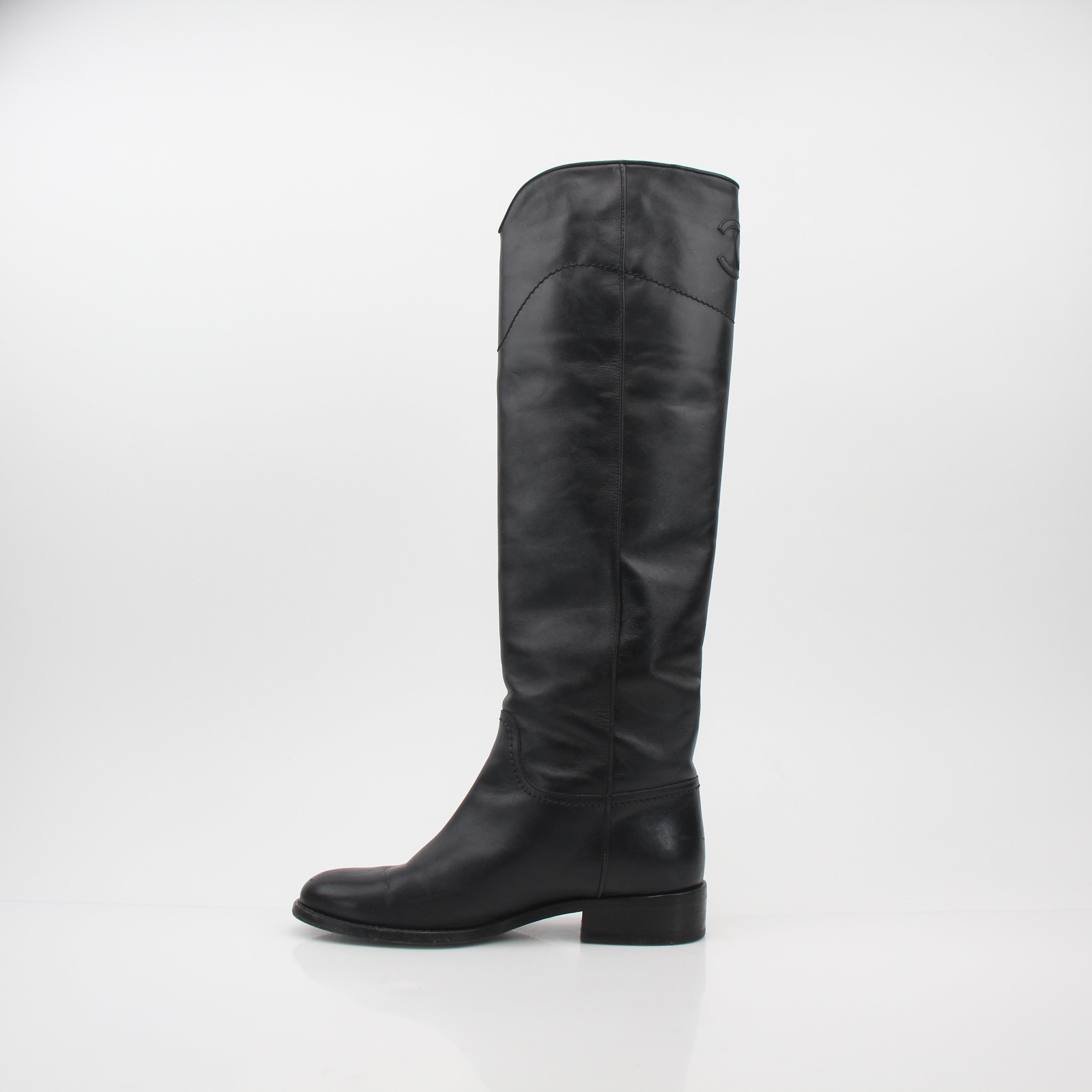 Chanel Black Leather CC Knee-High Riding Boots