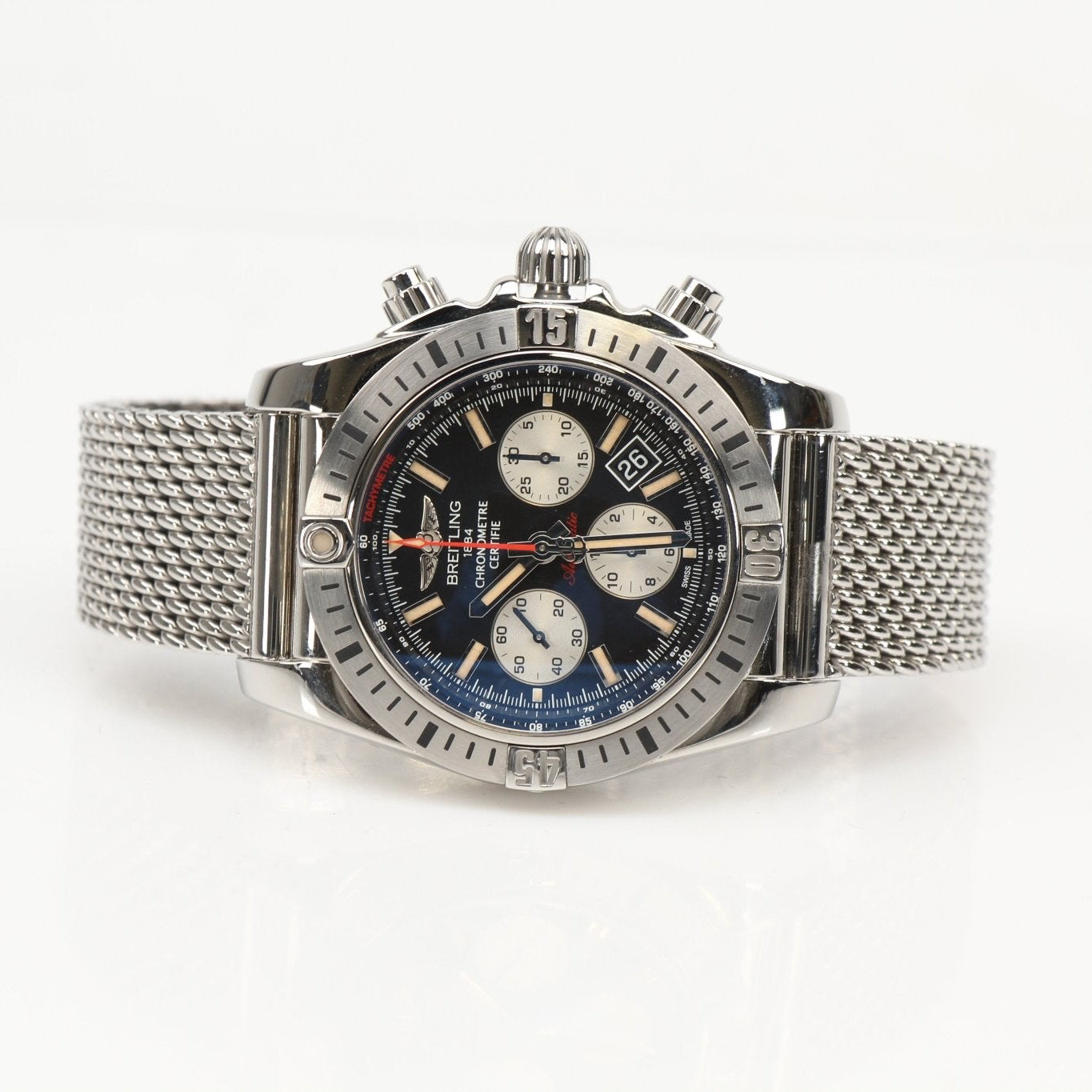 Gold & Beyond Breitling Super Avenger Chronograph watch with black dial, stainless steel case, and chronograph subdials.