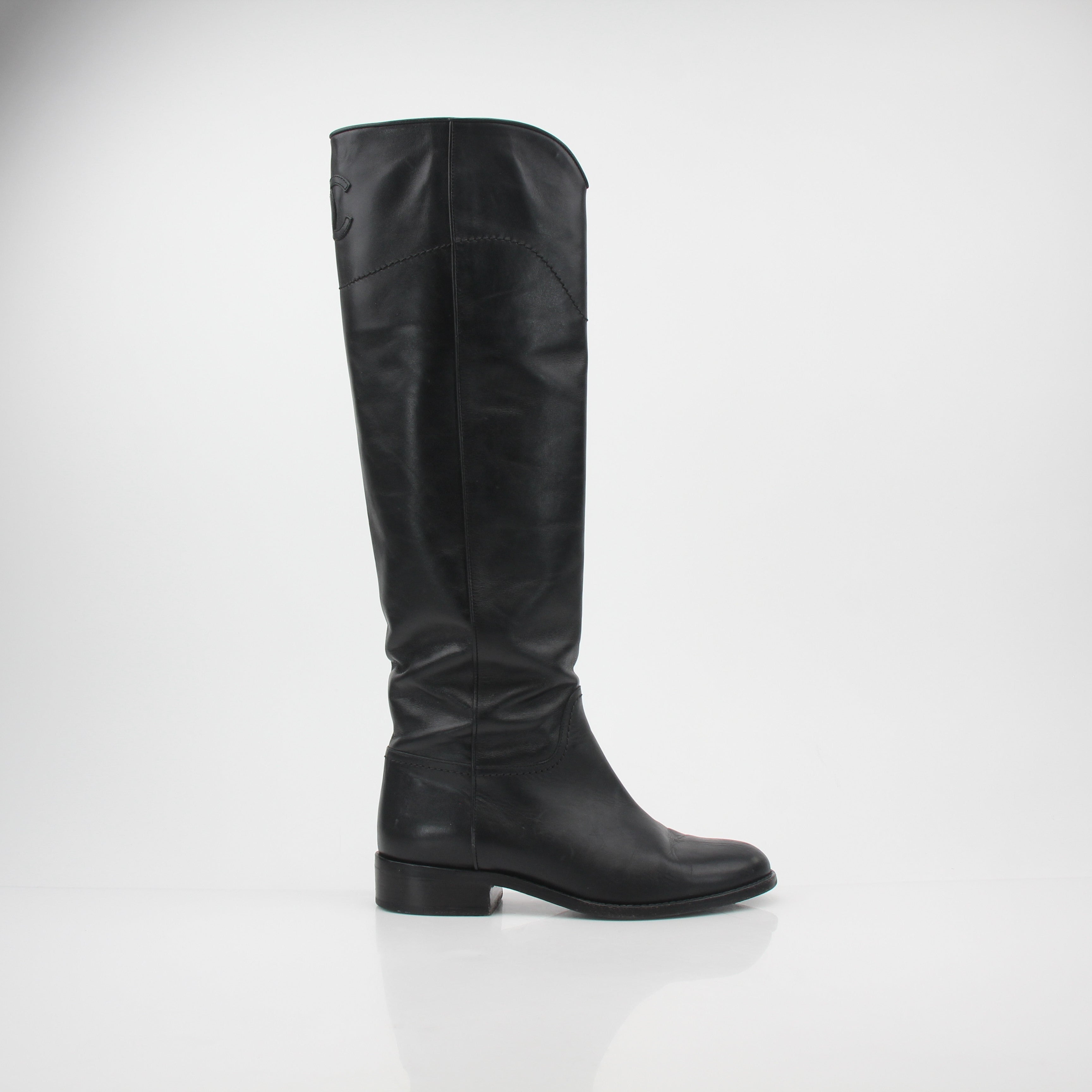 Chanel Black Leather CC Knee-High Riding Boots