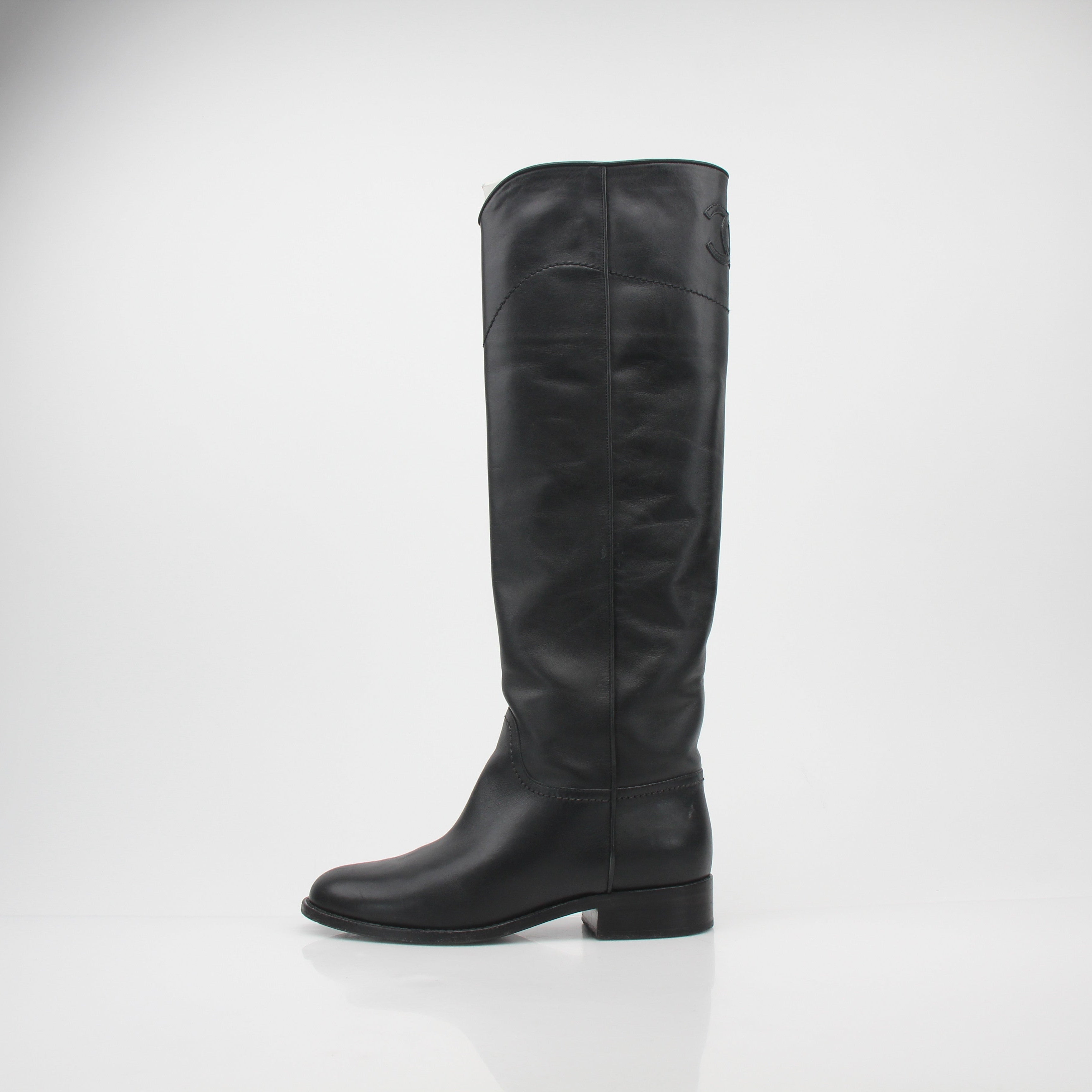 Chanel Black Leather CC Knee-High Riding Boots