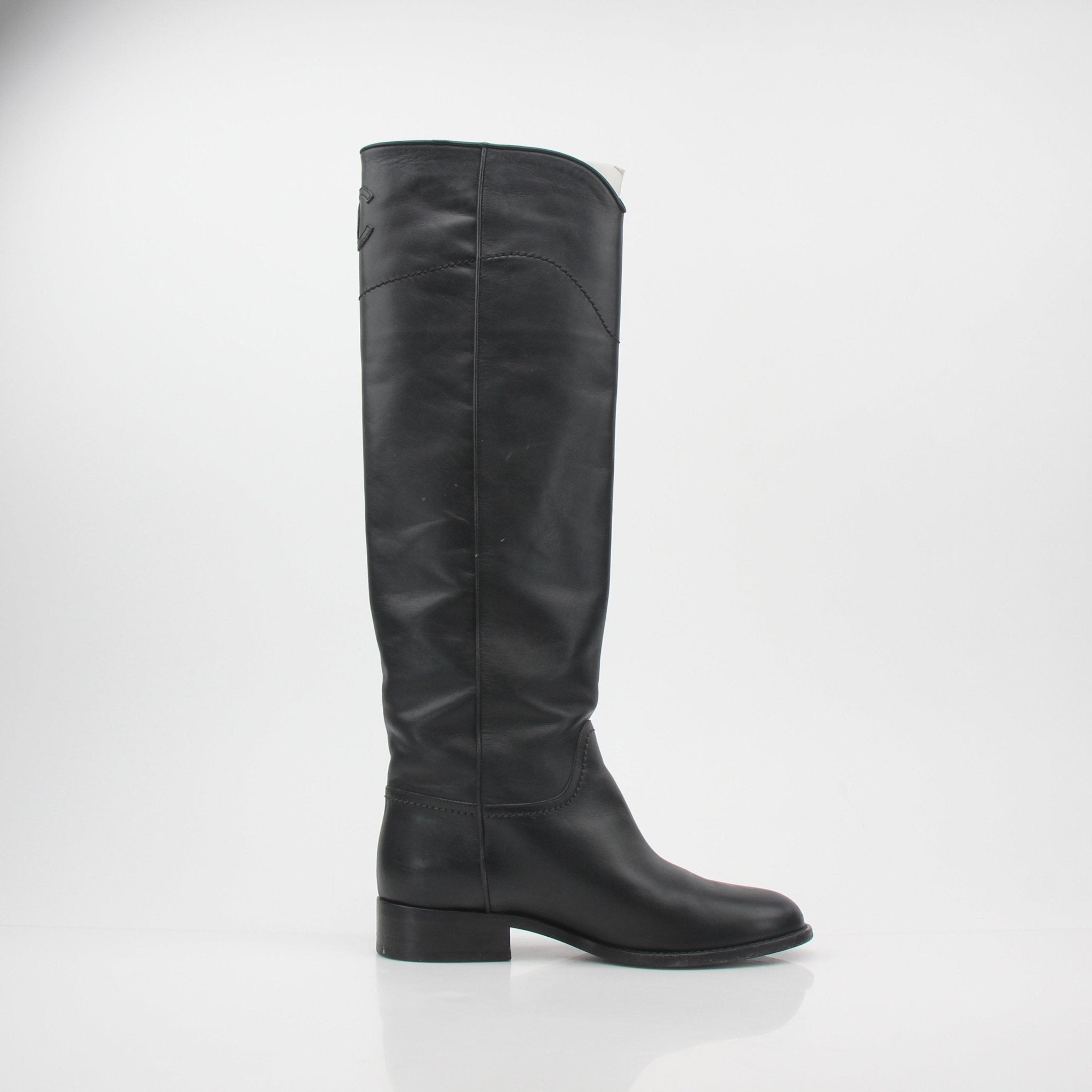 Gold & Beyond Chanel black leather CC knee-high riding boots with sleek design and riding boot style.
