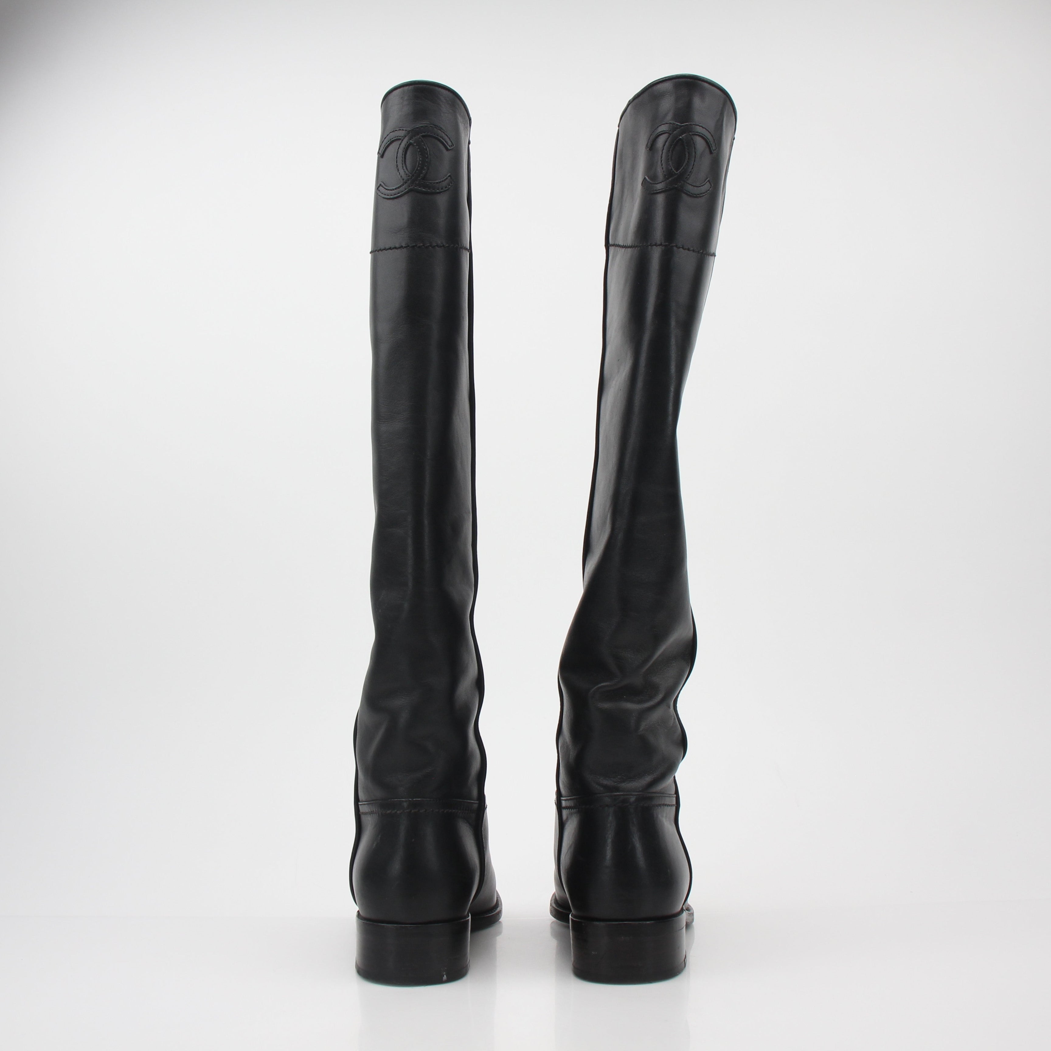 Chanel Black Leather CC Knee-High Riding Boots