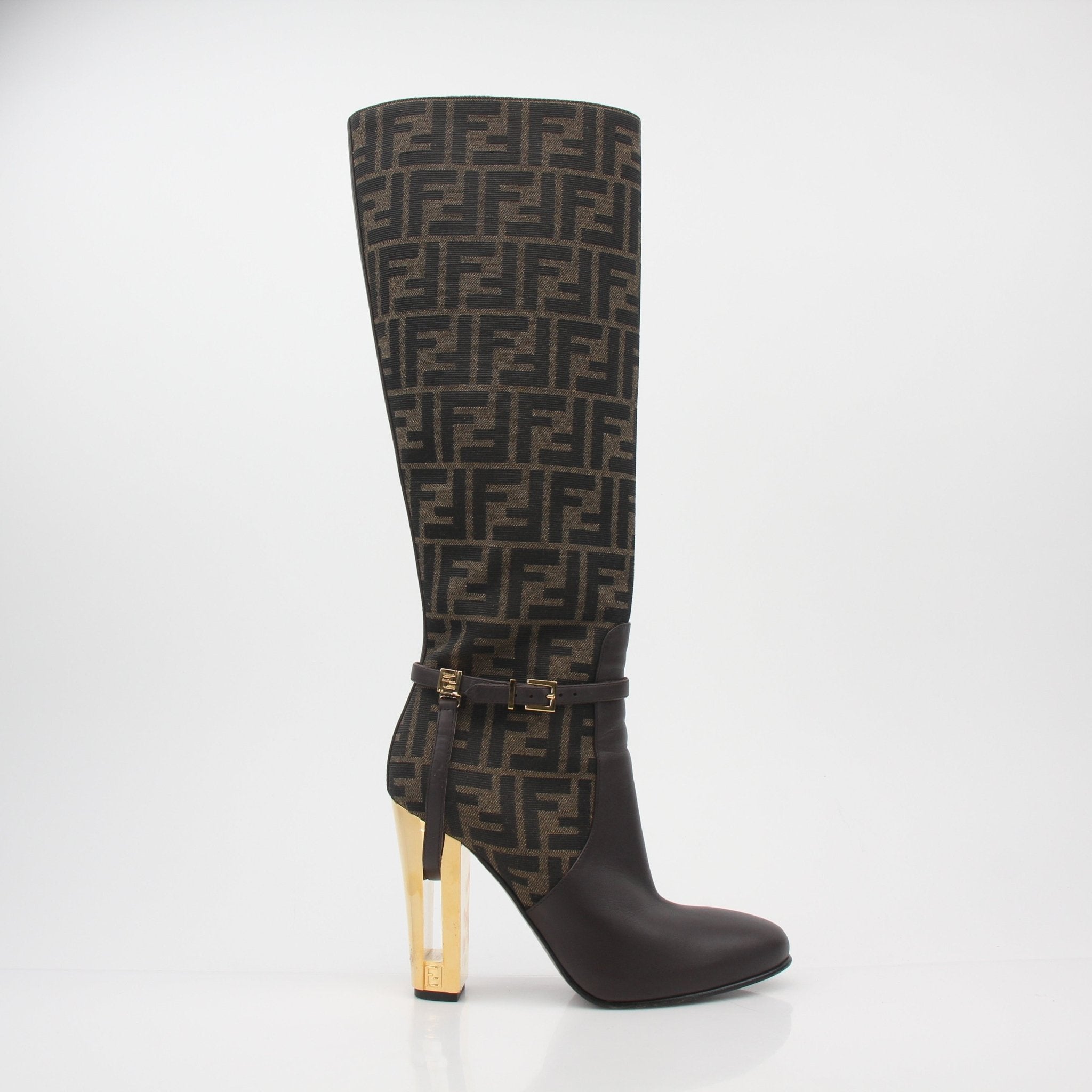 Fendi brown FF Jacquard Delfina knee-high boots with block heels, featuring elegant design and intricate pattern.