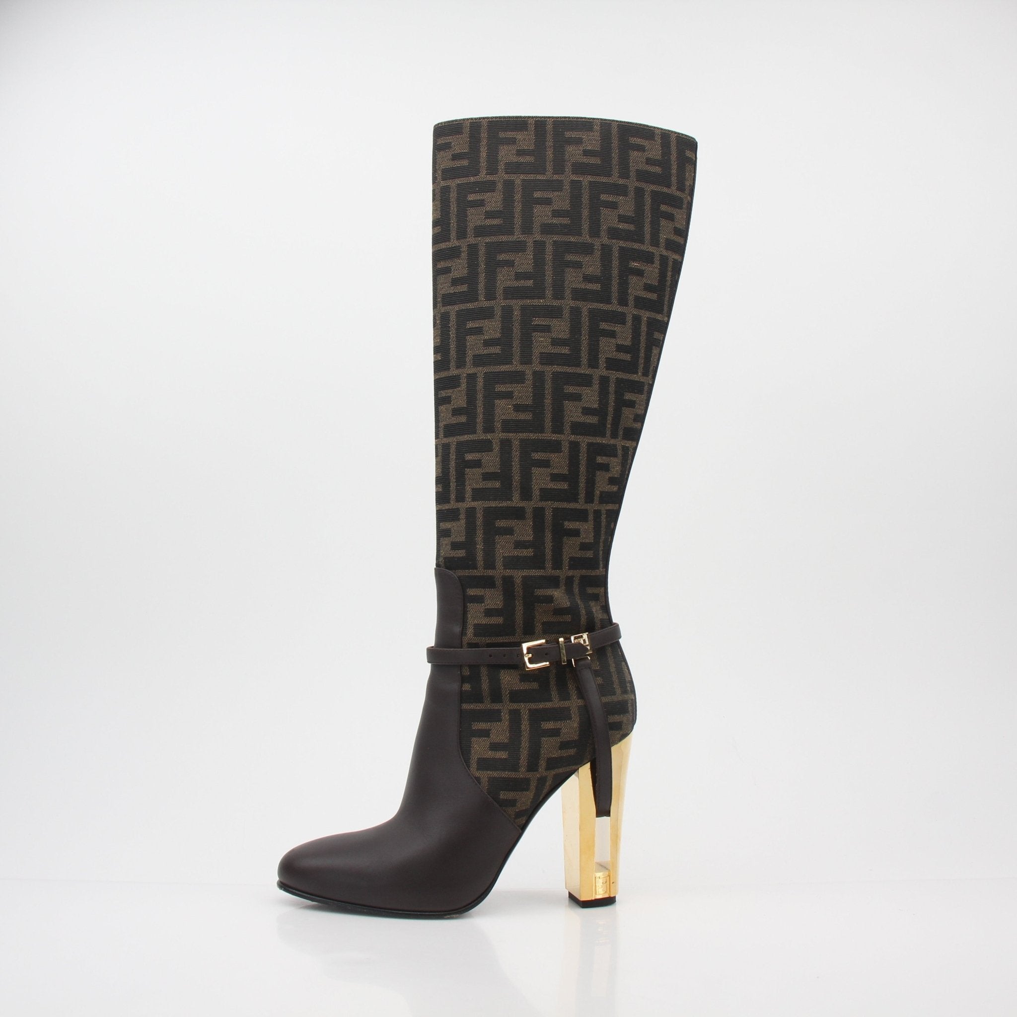 Fendi brown FF Jacquard Delfina knee-high boots with gold accents, stylish shoes featuring a patterned fabric and sleek design.