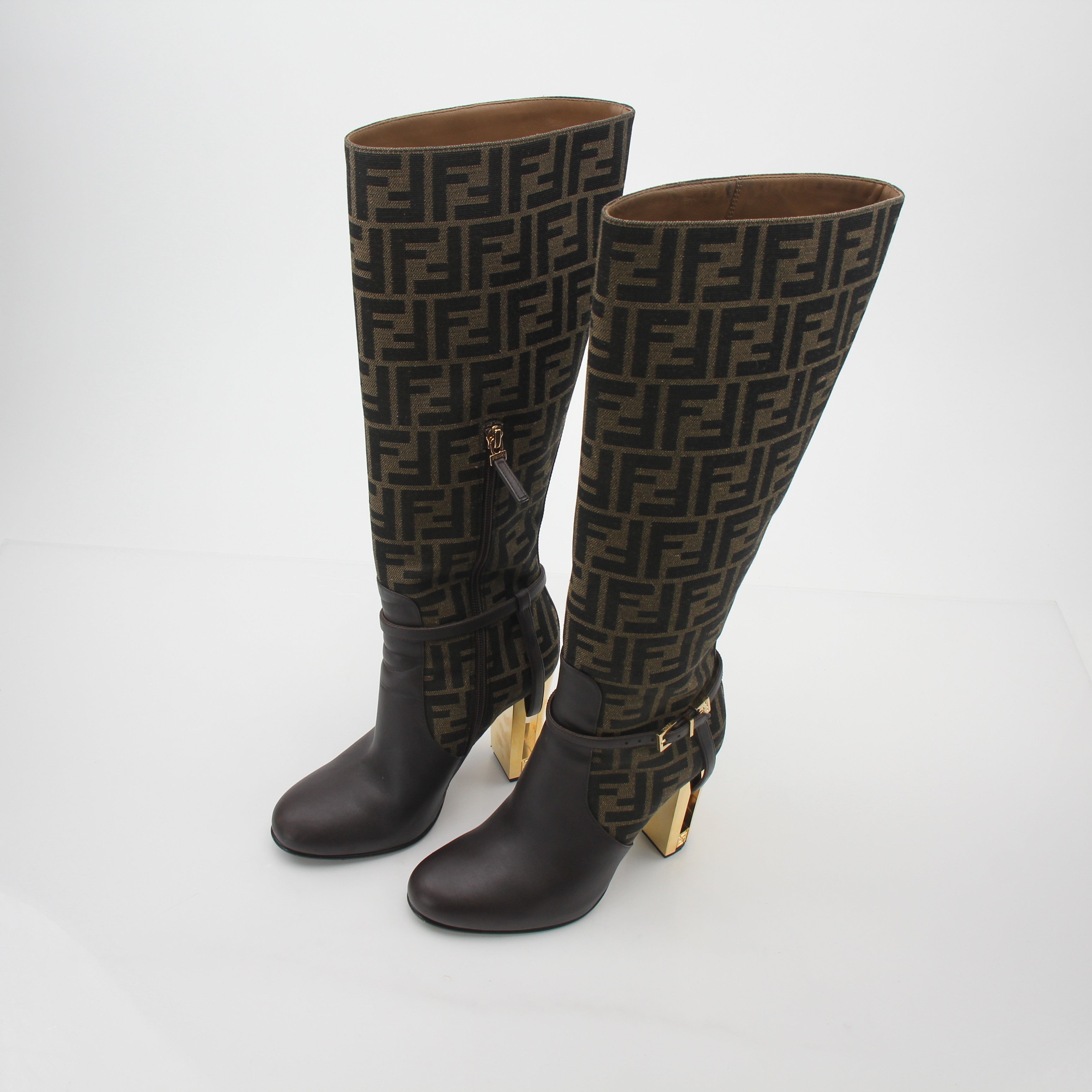 Fendi Brown FF Jacquard Delfina Knee-High Boots