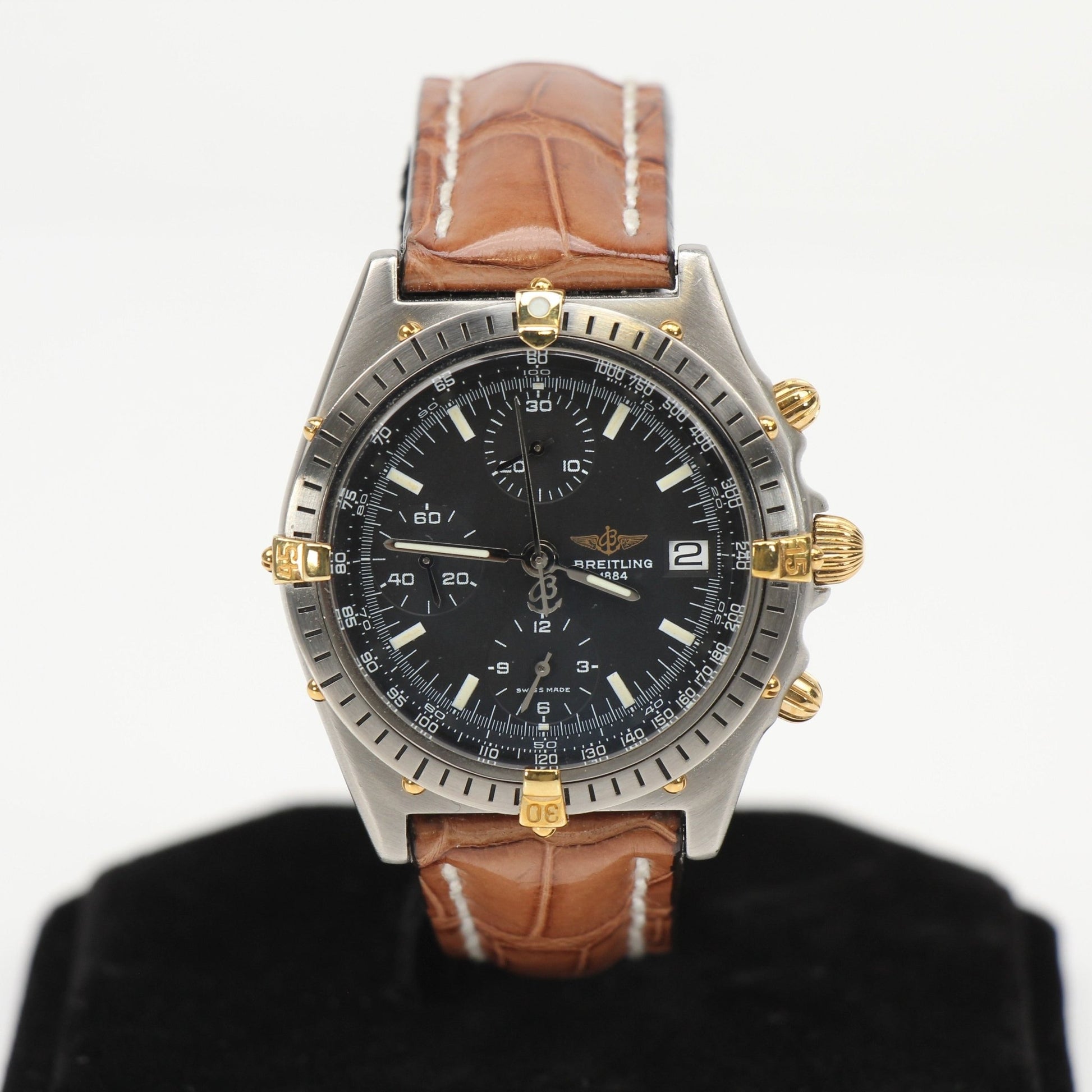 Gold & Beyond Breitling Chronomat 81 watch with stainless steel case, black dial, and chronograph features.