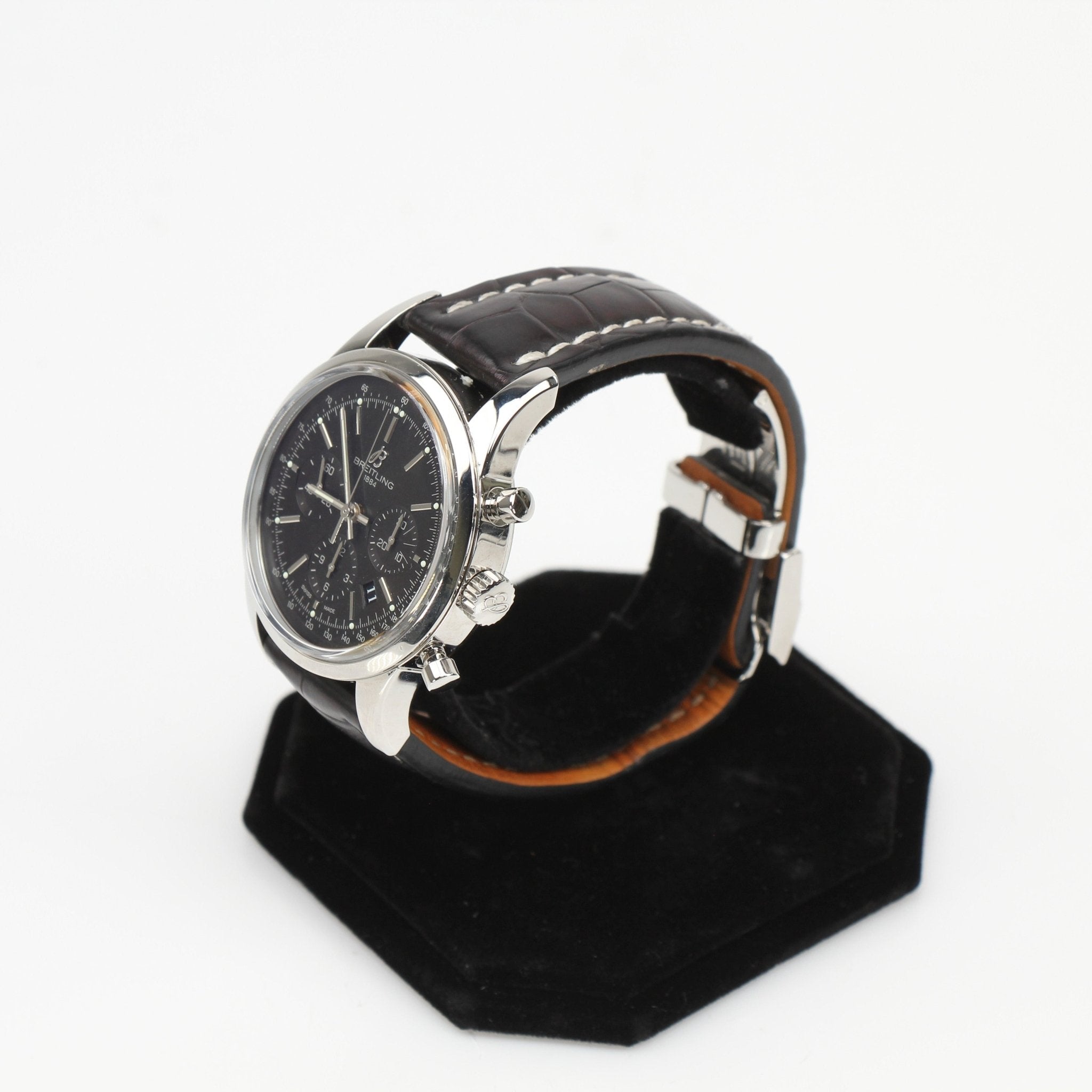 Gold & Beyond Breitling automatic chronograph watch with black dial, stainless steel case, and chronograph subdials.