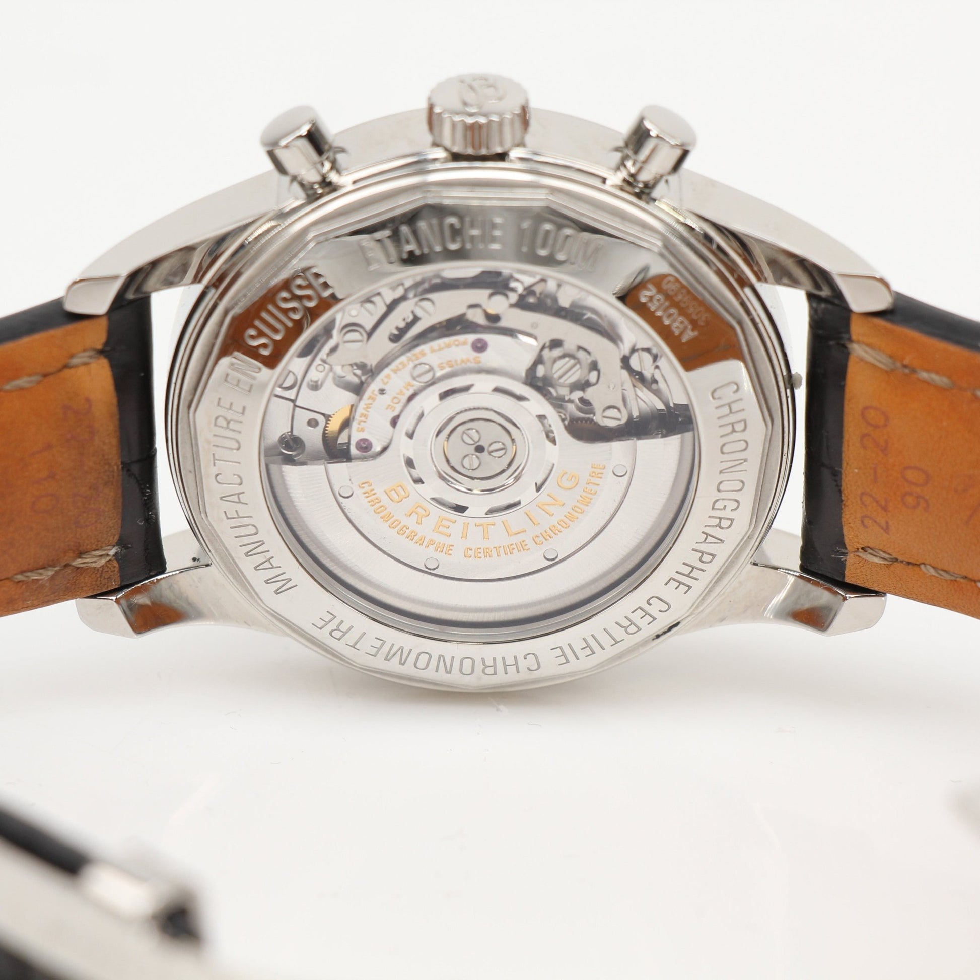 Gold & Beyond Breitling automatic chronograph watch with stainless steel case and black dial, detailed chronograph subdials.