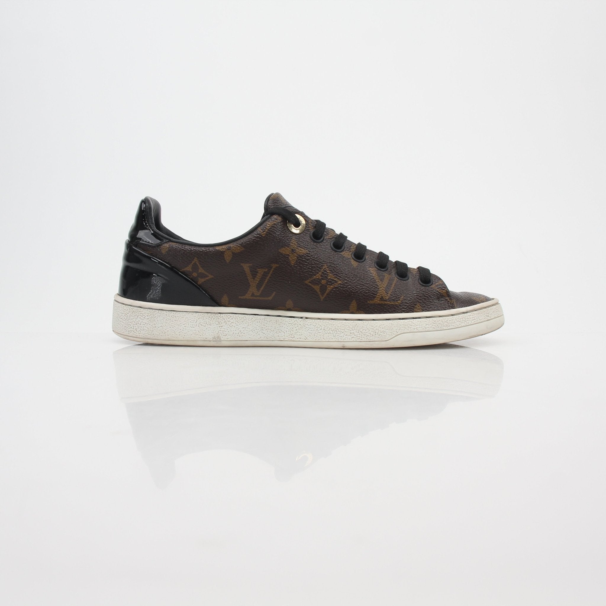 Louis Vuitton Monogram Frontrow low top sneakers by Gold & Beyond, showing the stylish shoes with monogram design and white soles.