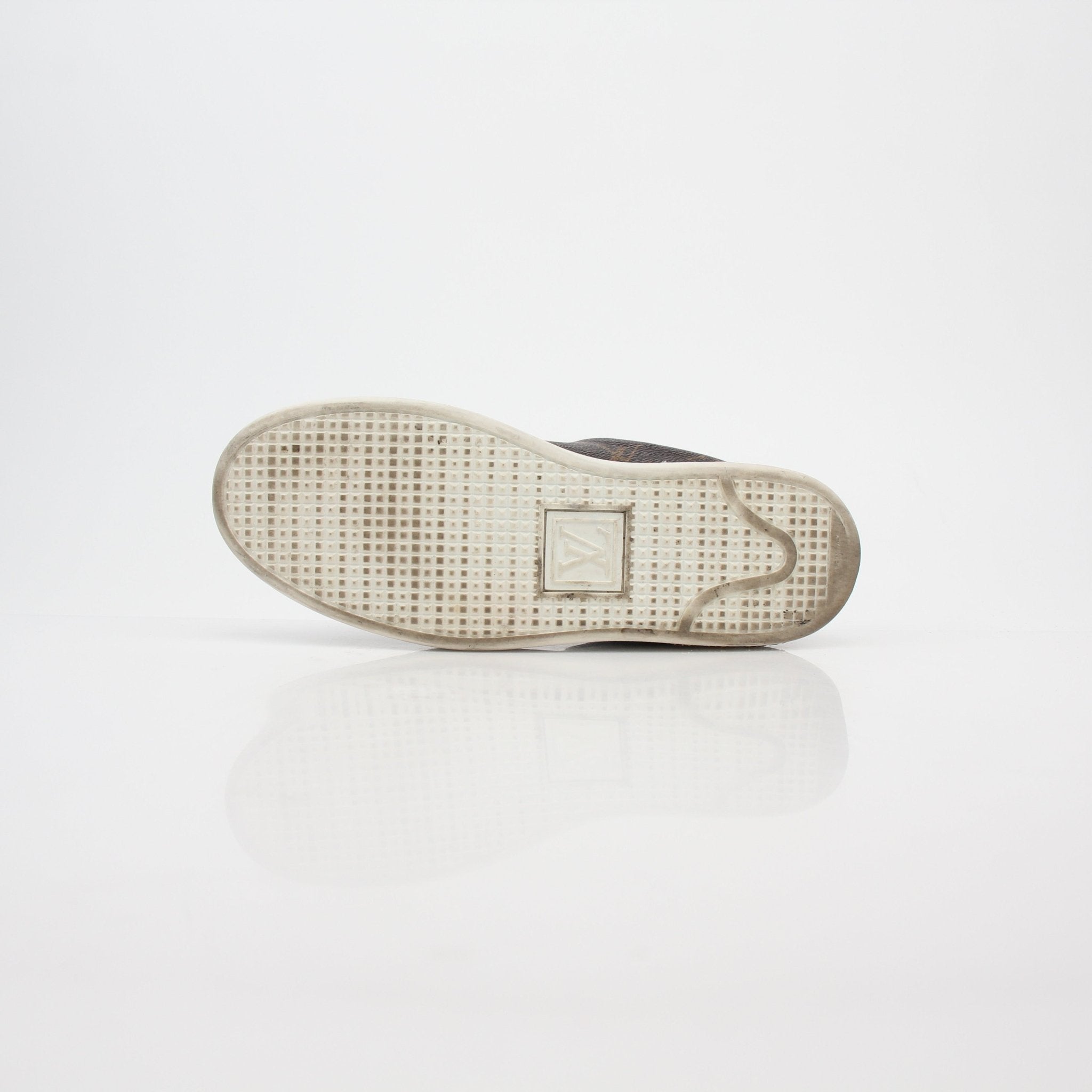 Louis Vuitton Monogram Frontrow Low Top Sneakers in white and brown with gold accents, featuring the iconic LV monogram pattern.