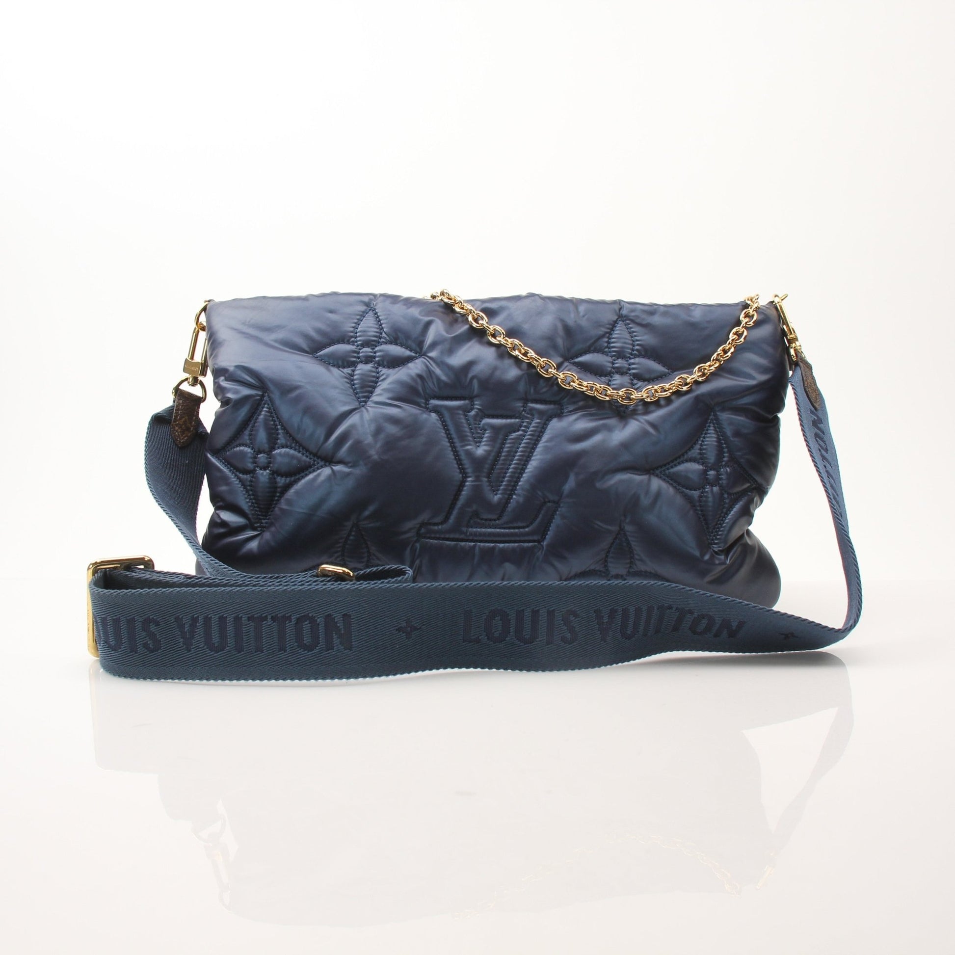 Louis Vuitton Multi-Pochette Accessoires Maxi Pillow Shoulder Bag, gold and black handbag with quilted design and adjustable strap.